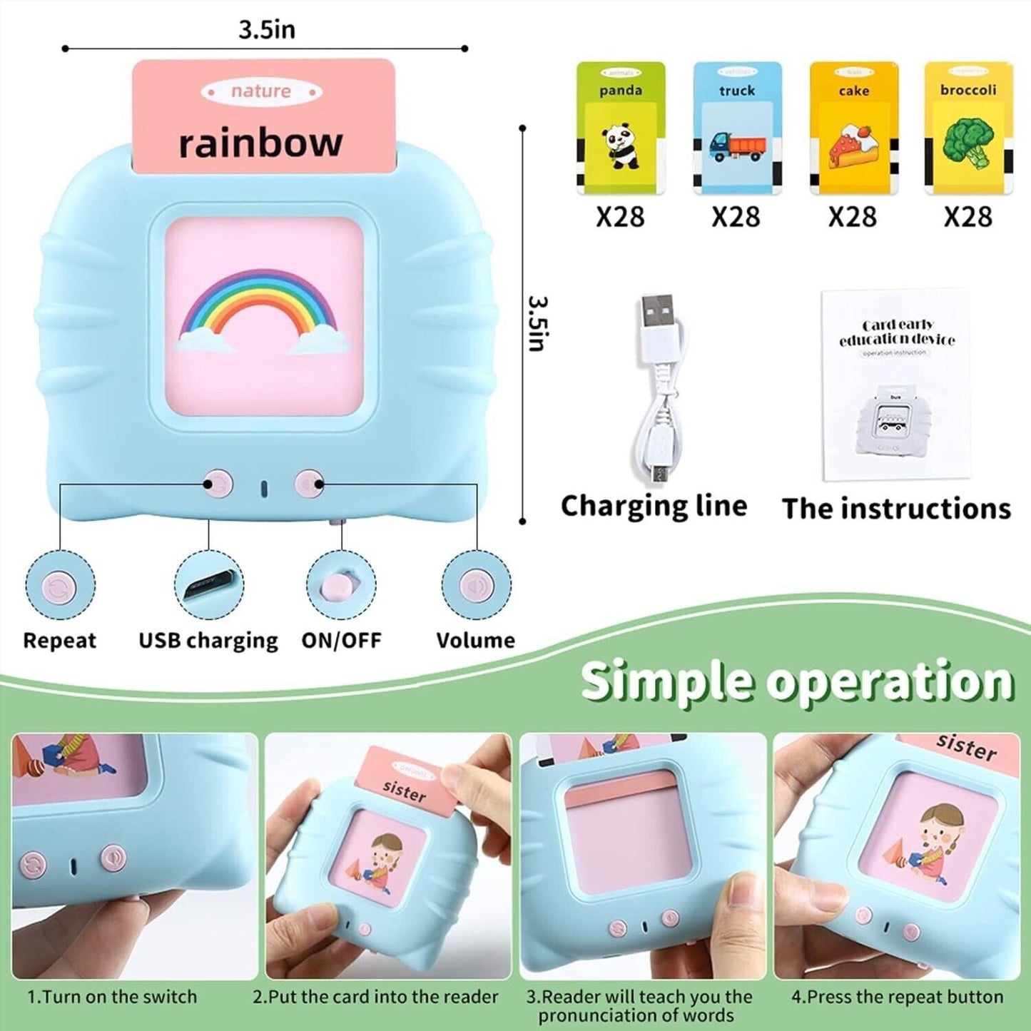 Blue early educational voice card toy with cute designs for interactive learning in children