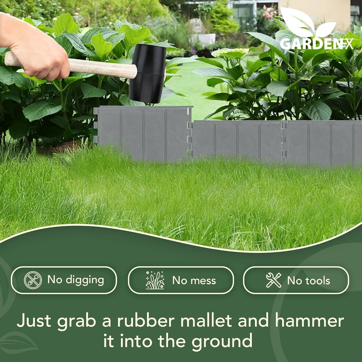 GARDENIX easy install lawn edging being hammered into the ground with a rubber mallet in a garden setting