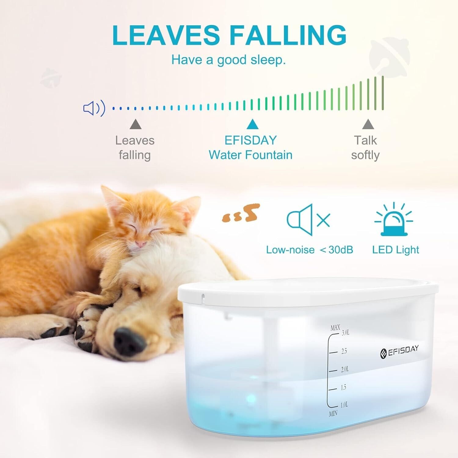 Automatic pet water fountain with low-noise operation and LED light for a peaceful pet hydration experience