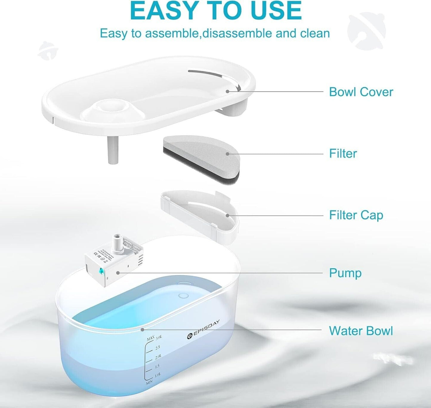 Automatic pet water fountain design features easy-to-use bowl cover, filter, and pump for pets