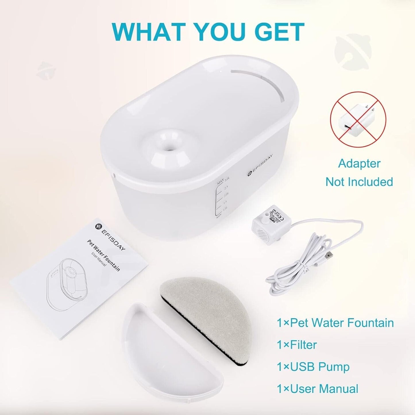 Automatic pet water fountain with filter, USB pump, and user manual for pet hydration