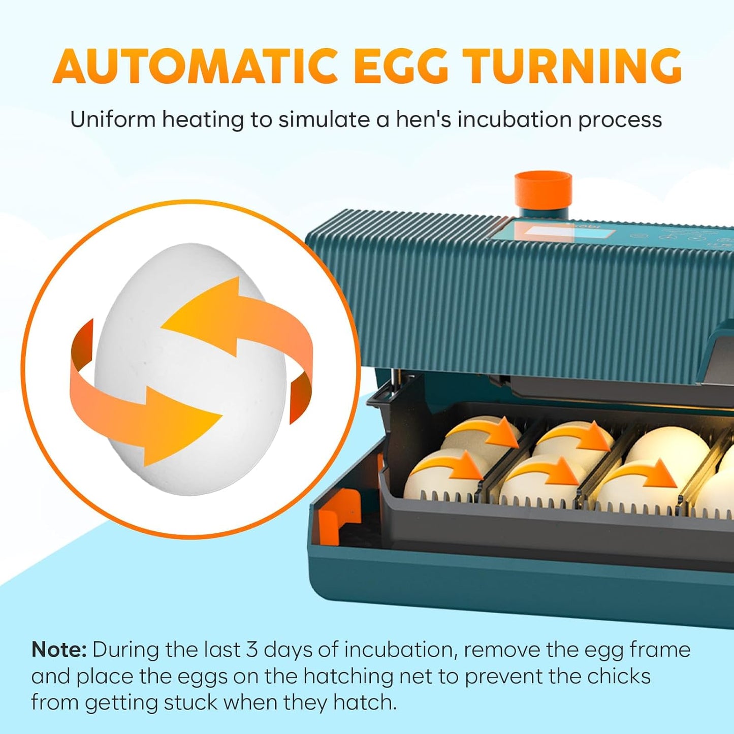 Okkobi egg incubator with automatic turning for uniform heating and optimal hatching conditions