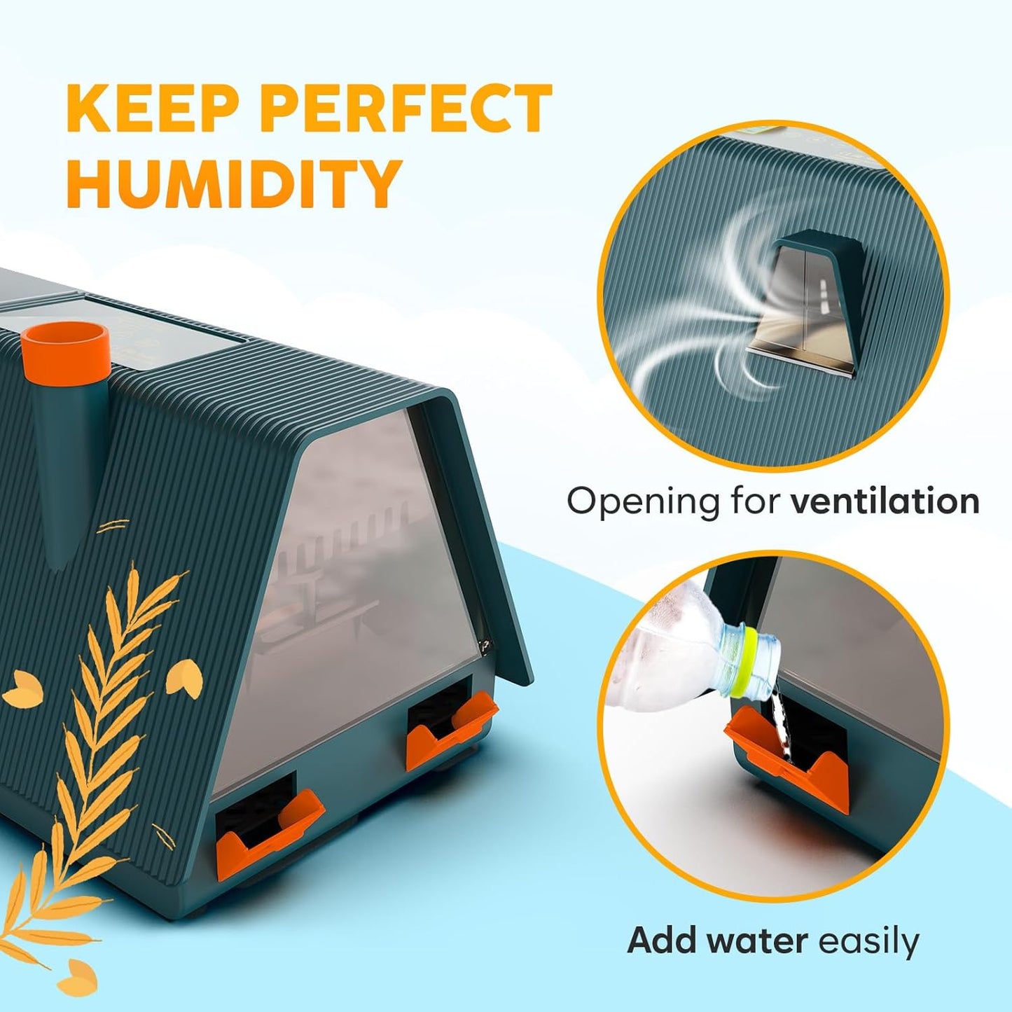 Okkobi egg incubator with automatic turning featuring ventilation opening and easy water filling design