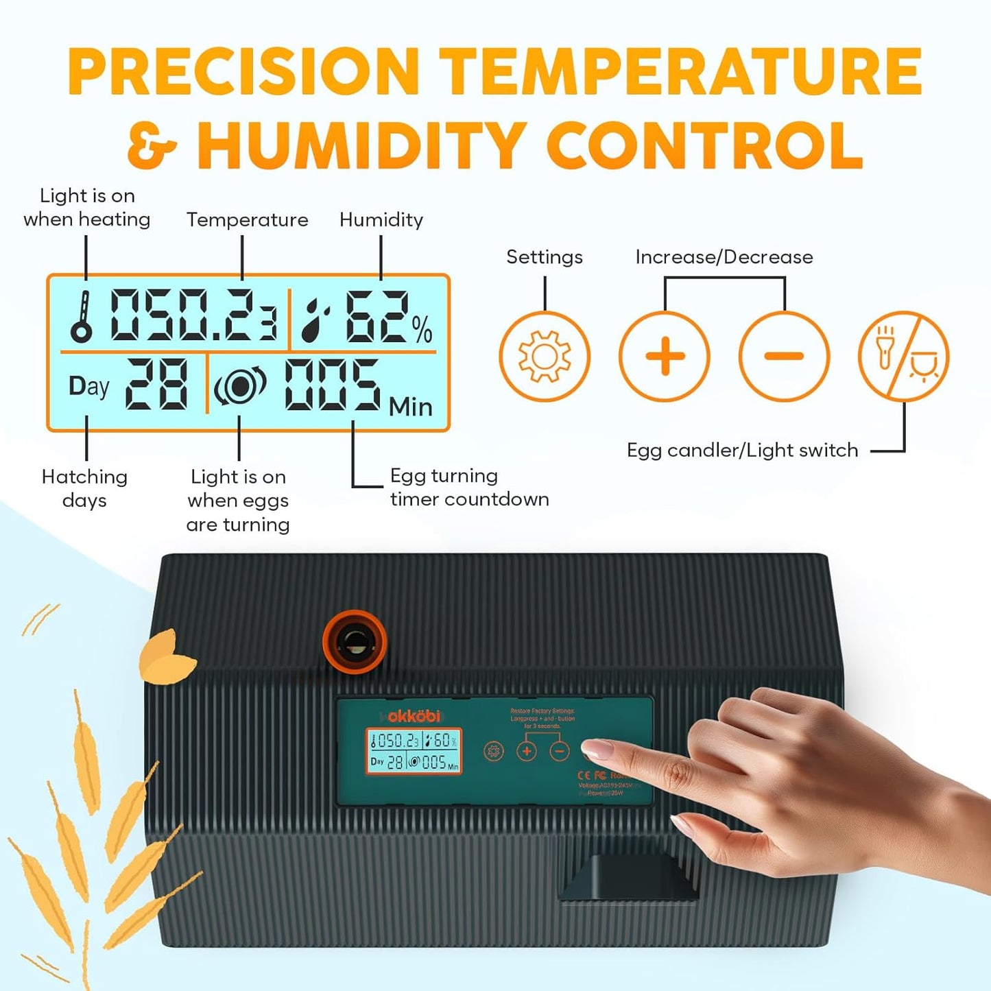 Okkobi egg incubator with automatic turning displaying temperature and humidity controls for optimal hatching