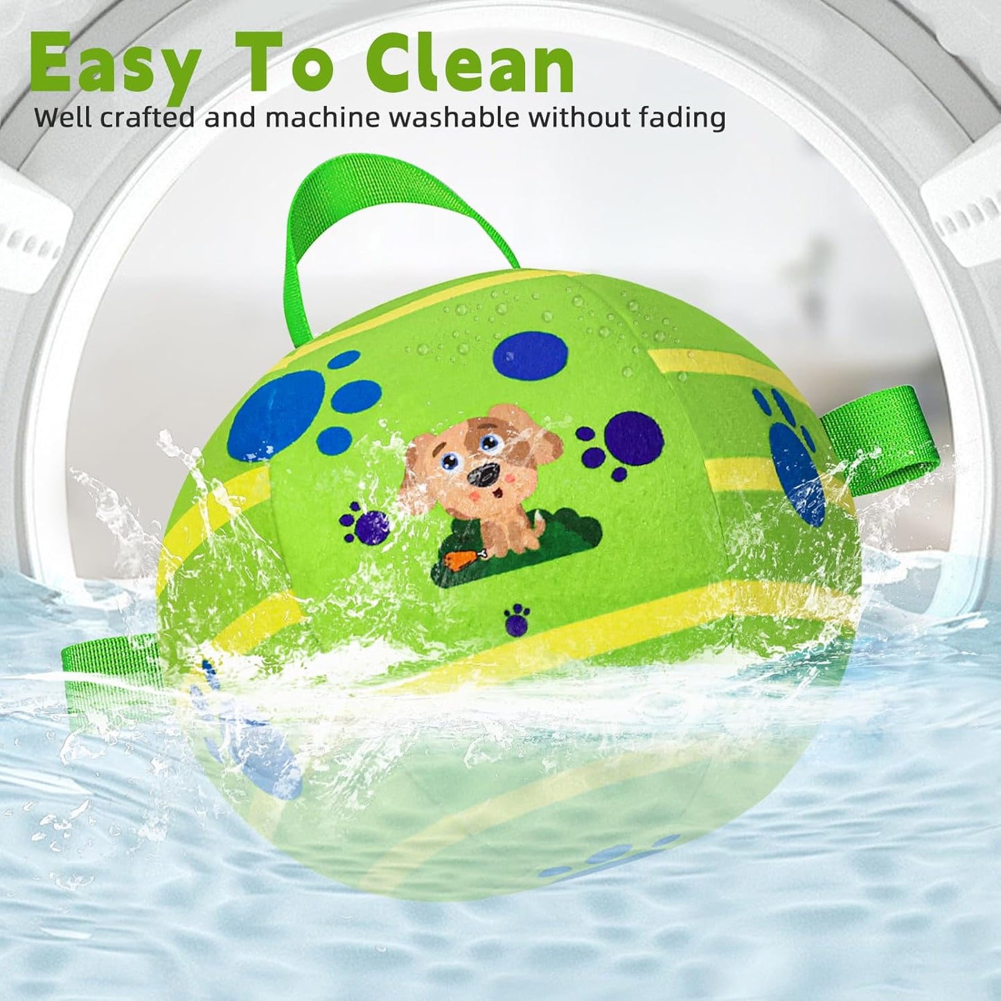 TAUCHGOE electric dog ball toy in bright green with playful dog design, easy to clean and machine washable