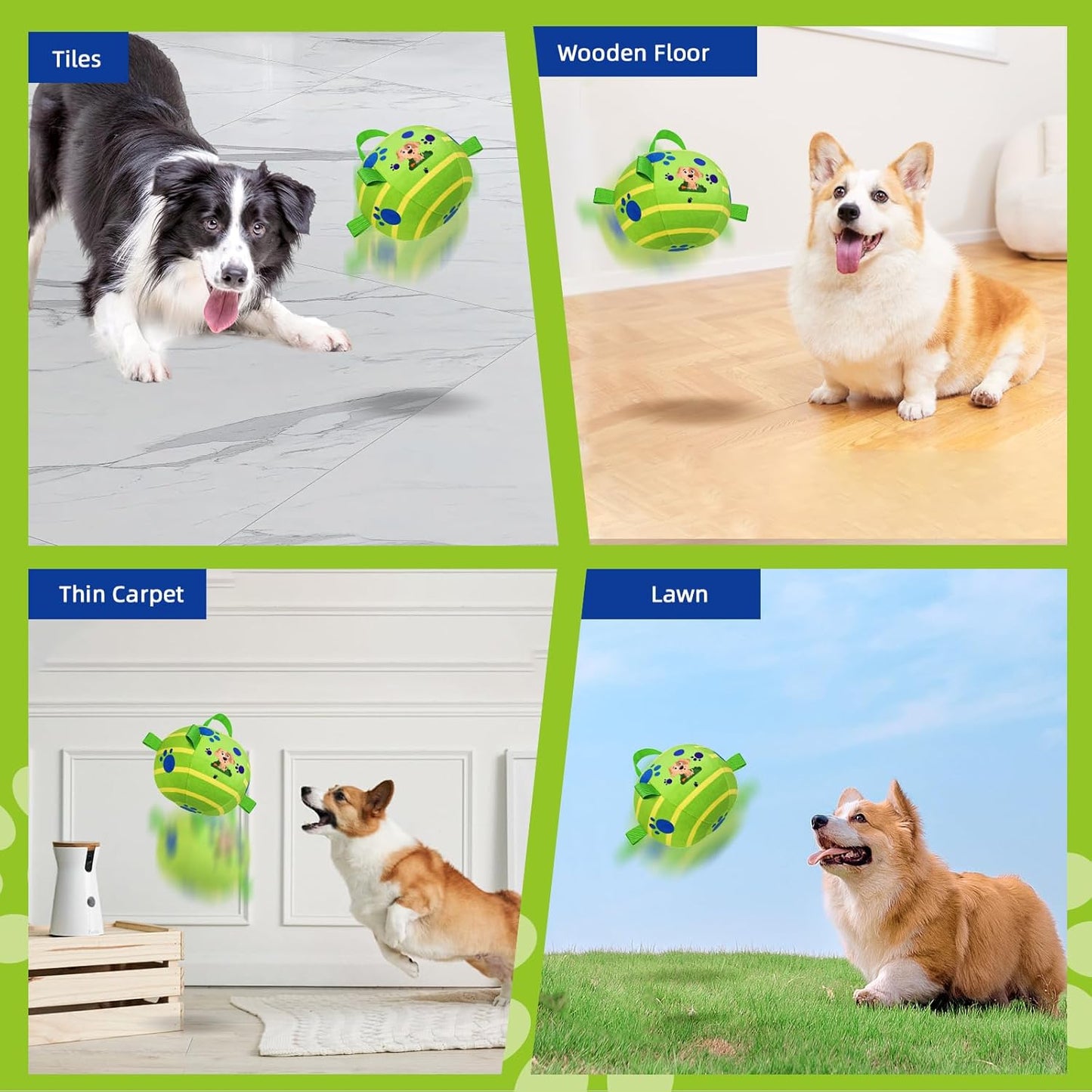 Electric dog ball toy for indoor and outdoor use on tiles, wood, carpet, and lawn