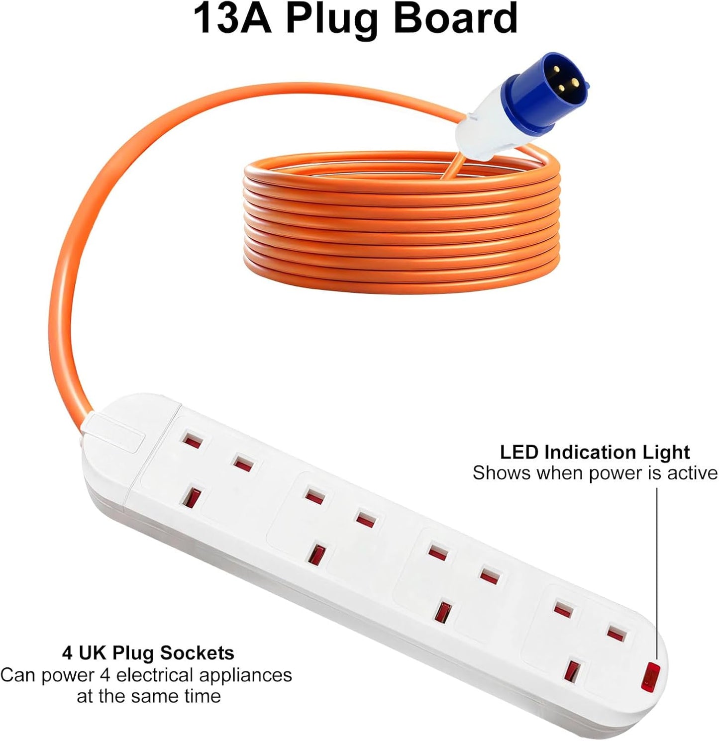 Anesty 10m electric hook up cable for camping with 13A plug board and LED indication light