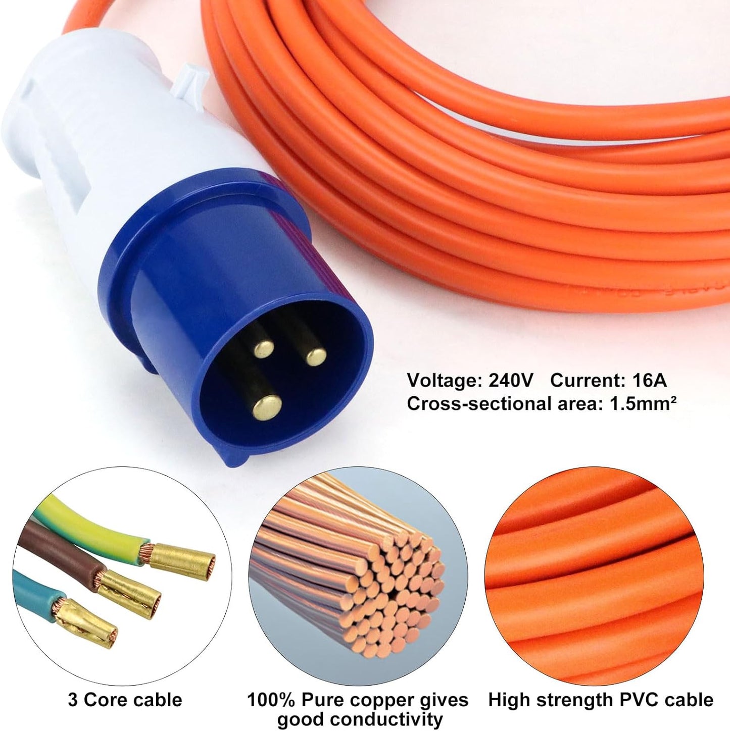 Anesty 10m electric hook up cable for camping with 3 core design and high strength PVC for durability