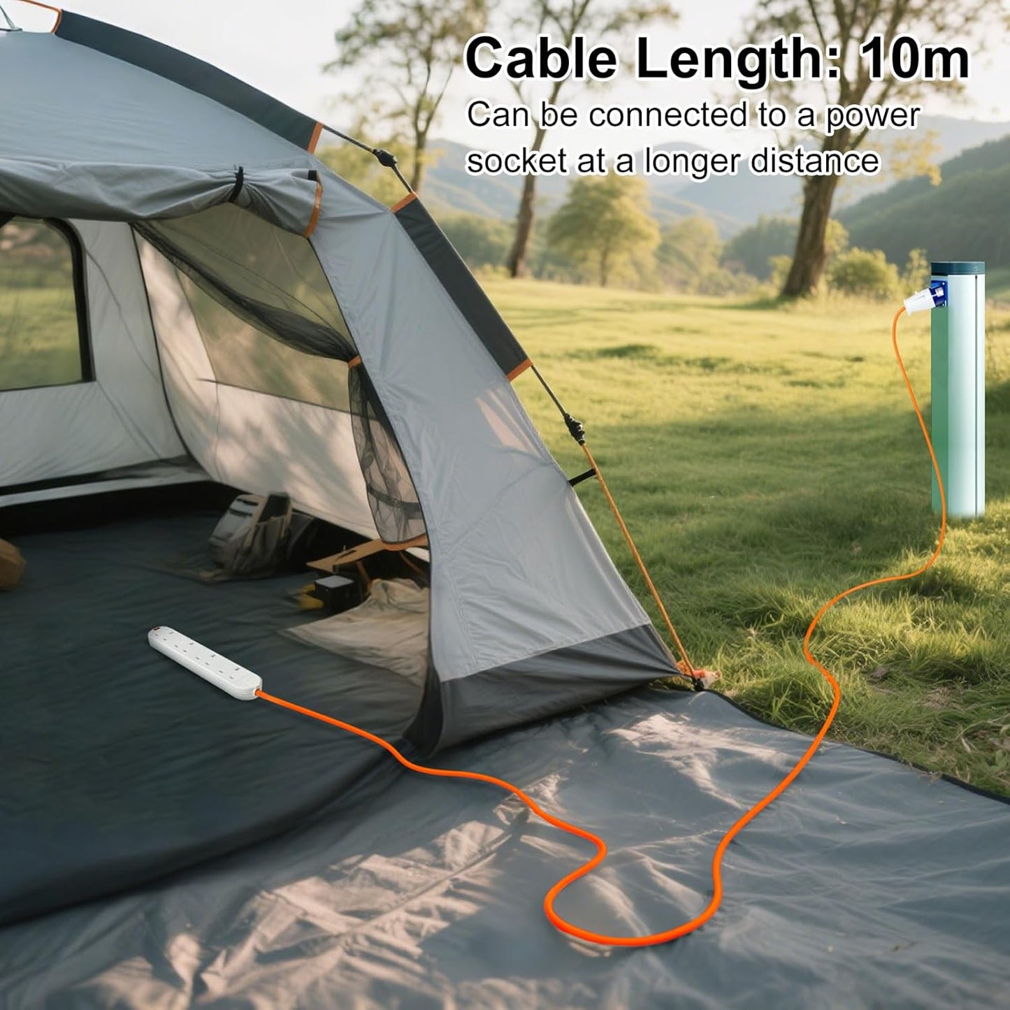 10m electric hook up cable for camping with durable design for outdoor use near a tent