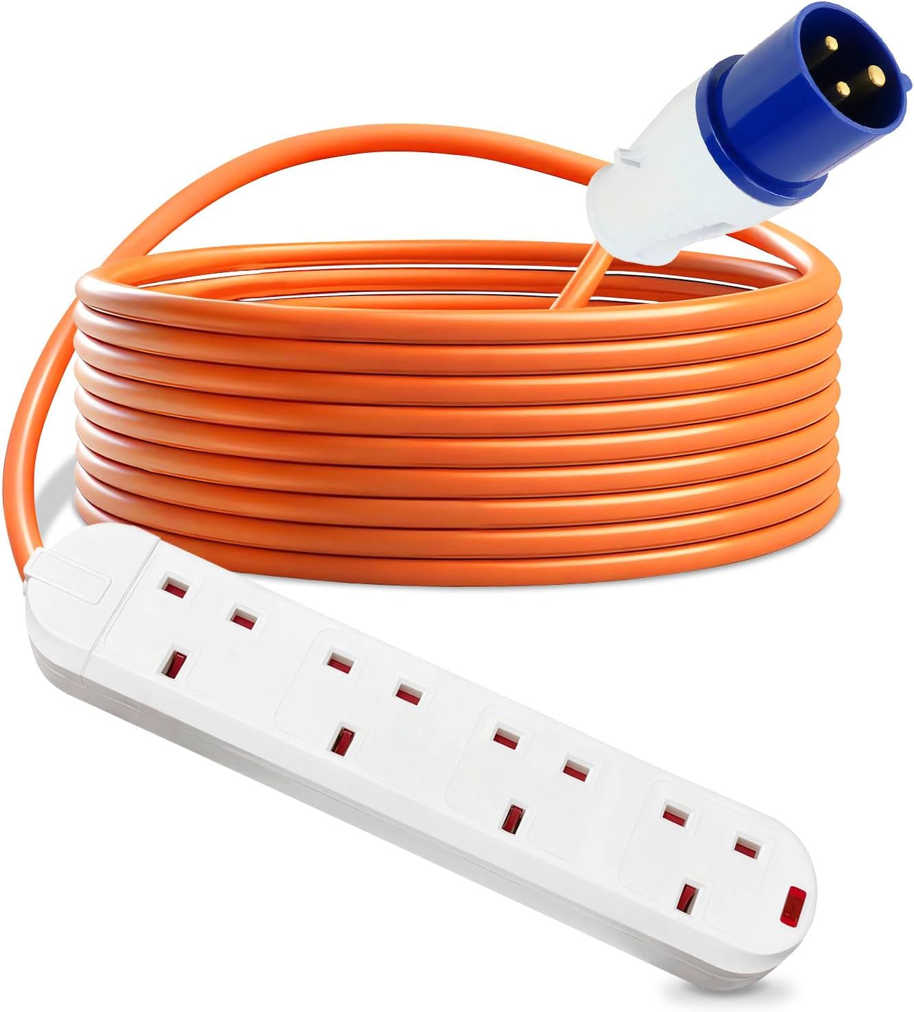 10m electric hook up cable for camping with multiple sockets and a blue connector for outdoor use