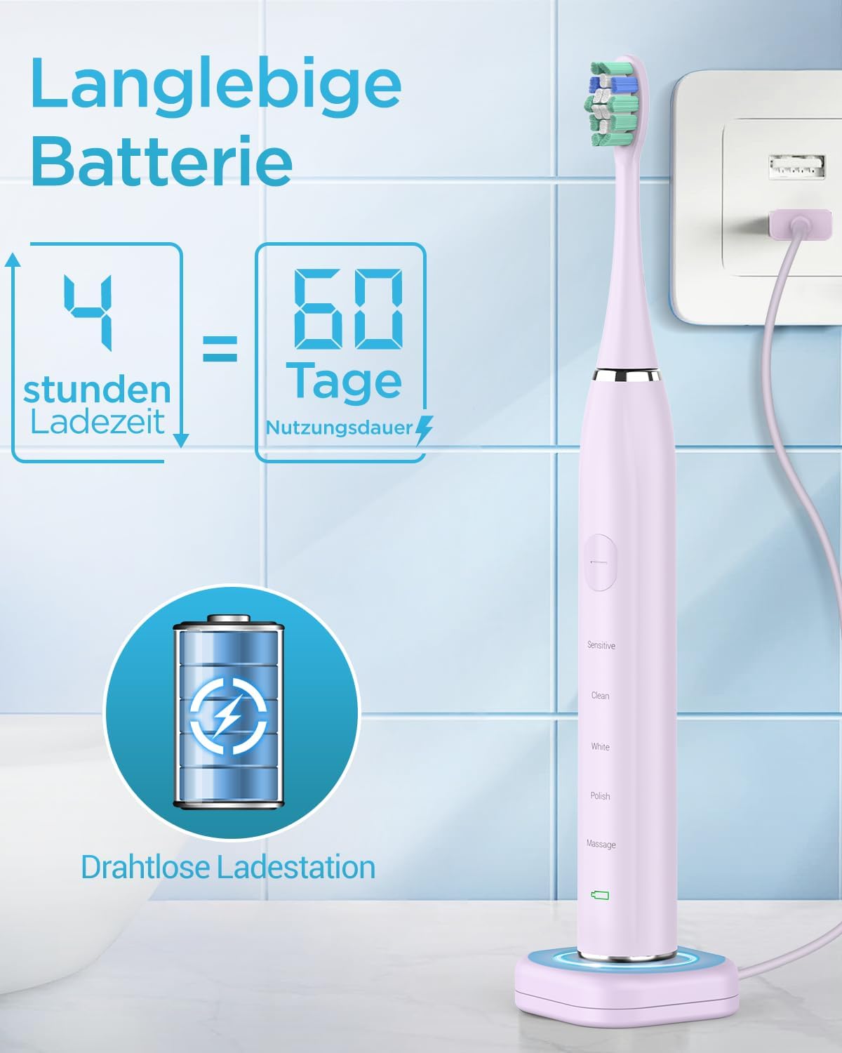 Coulax electric sonic toothbrush with wireless charging on a bathroom sink, showcasing its sleek design and functionality