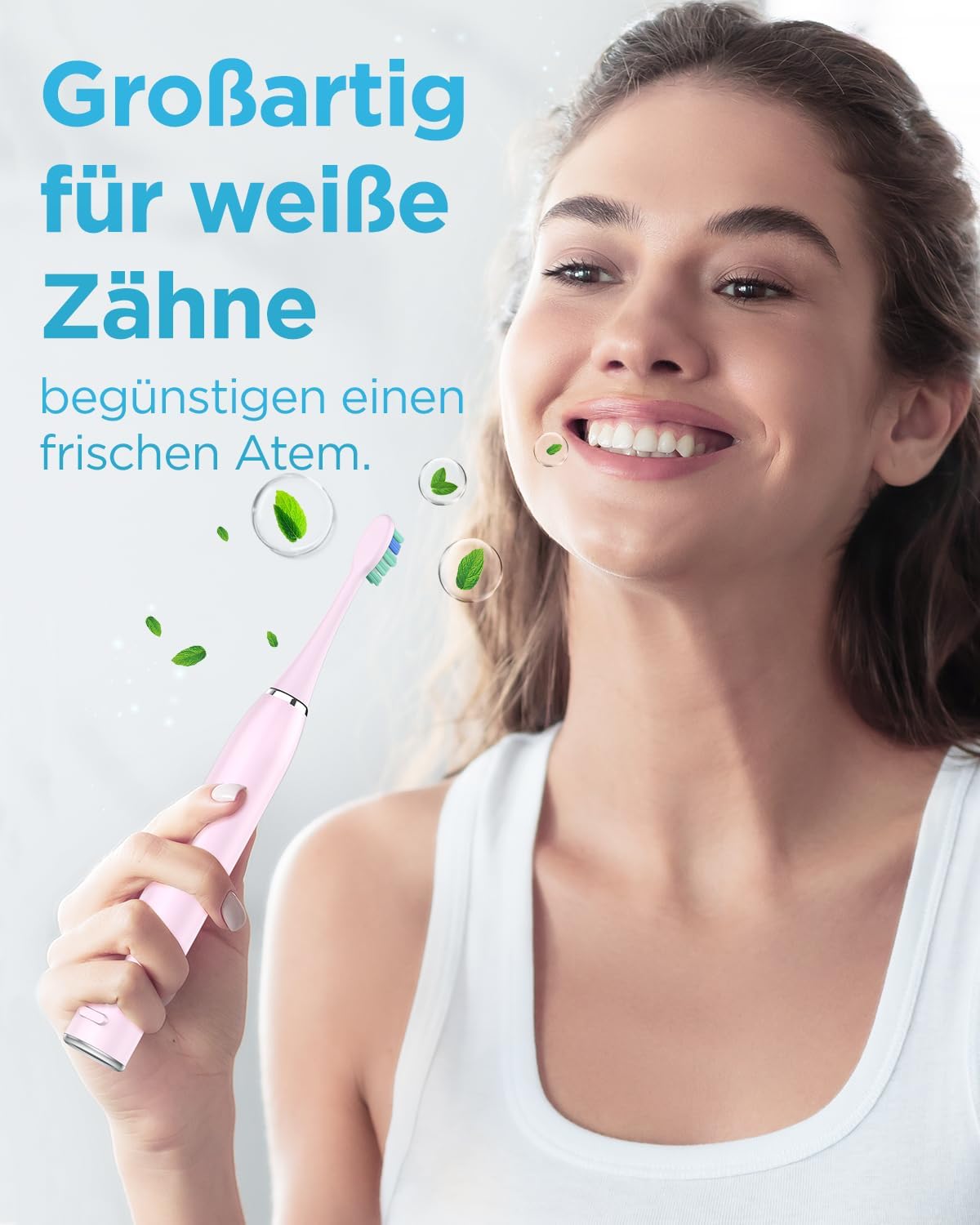 Coulax electric sonic toothbrush with wireless charging, featuring a woman smiling and showing her bright teeth