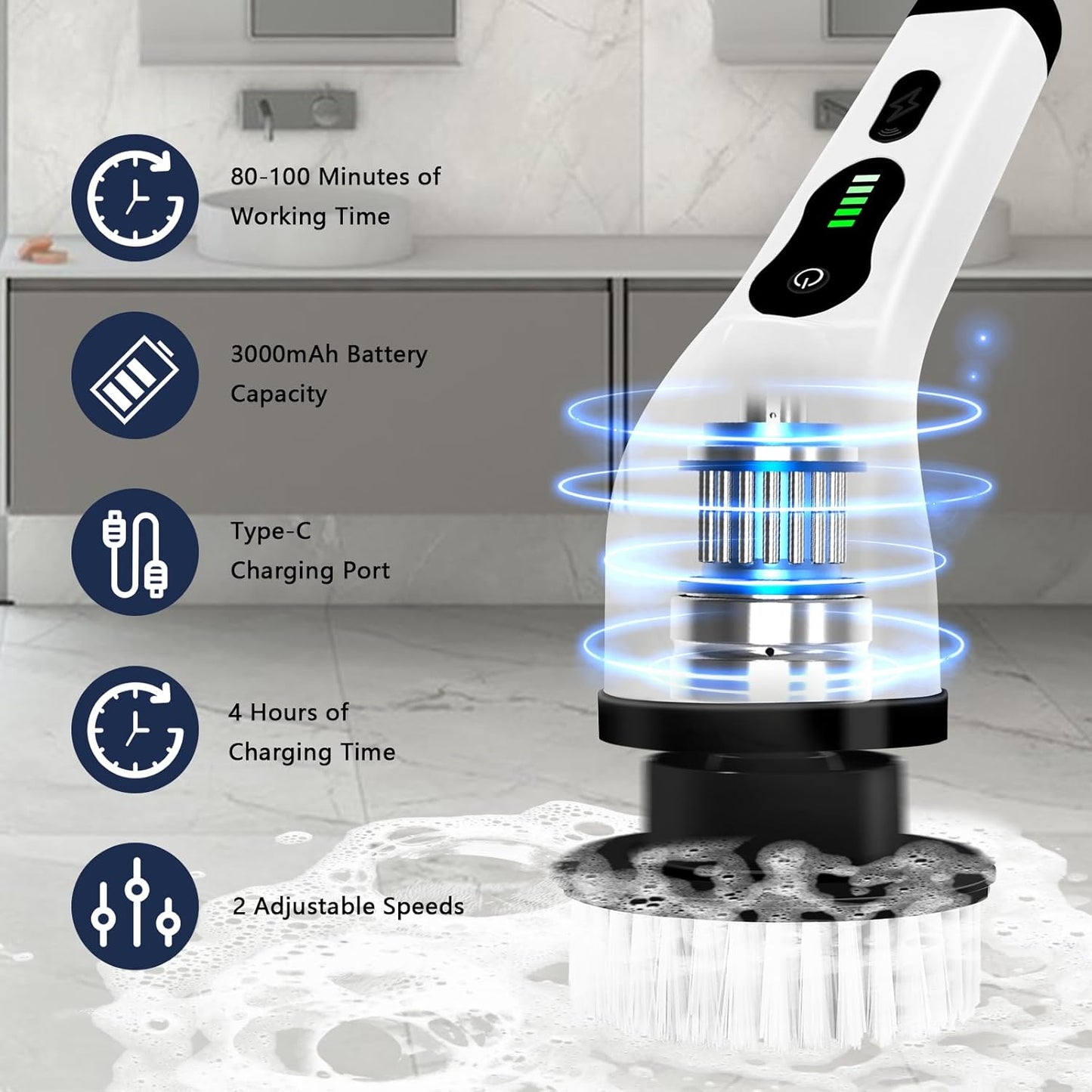 Newthinking electric spin scrubber for bathroom with 3000mAh battery and adjustable speeds