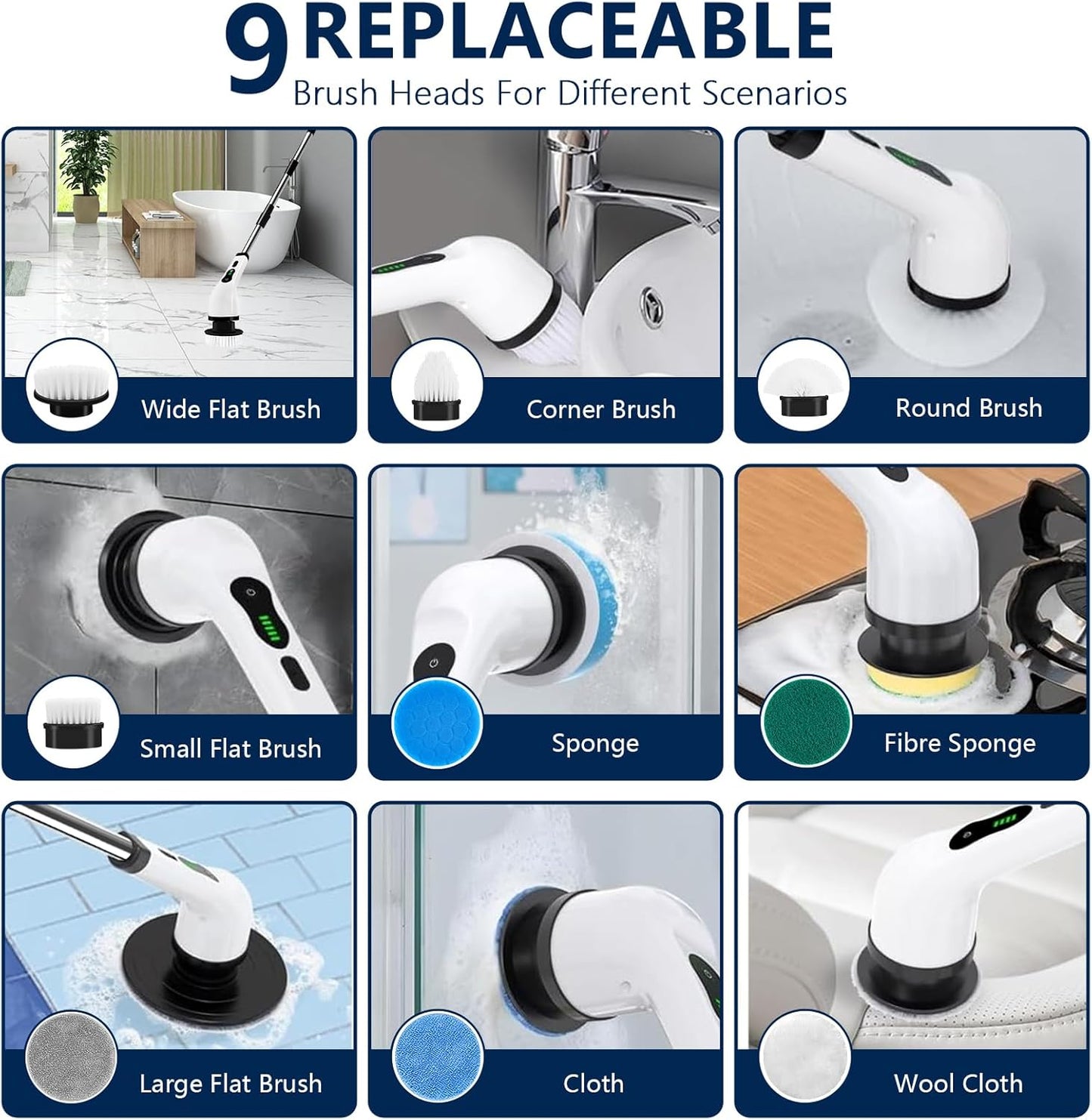 Newthinking electric spin scrubber for bathroom with nine replaceable brush heads for versatile cleaning
