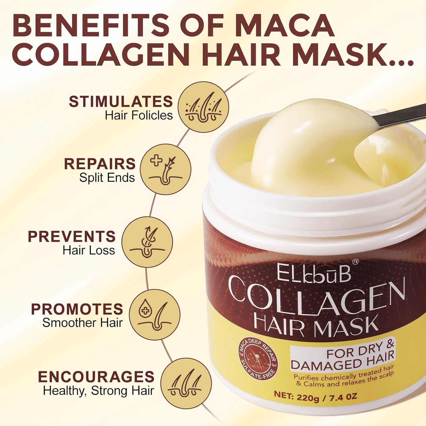 ELBBUB collagen hair mask for dry and damaged hair in a creamy jar highlighting benefits for healthy hair