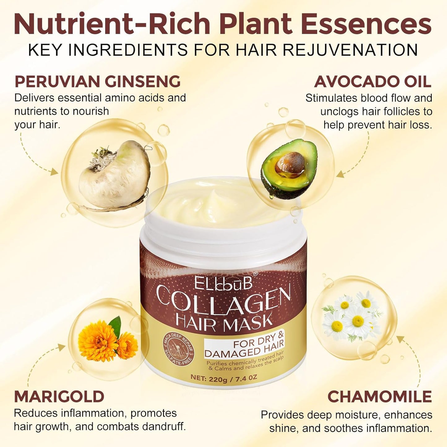 ELBBUB collagen hair mask for dry and damaged hair with key ingredients like avocado oil and marigold