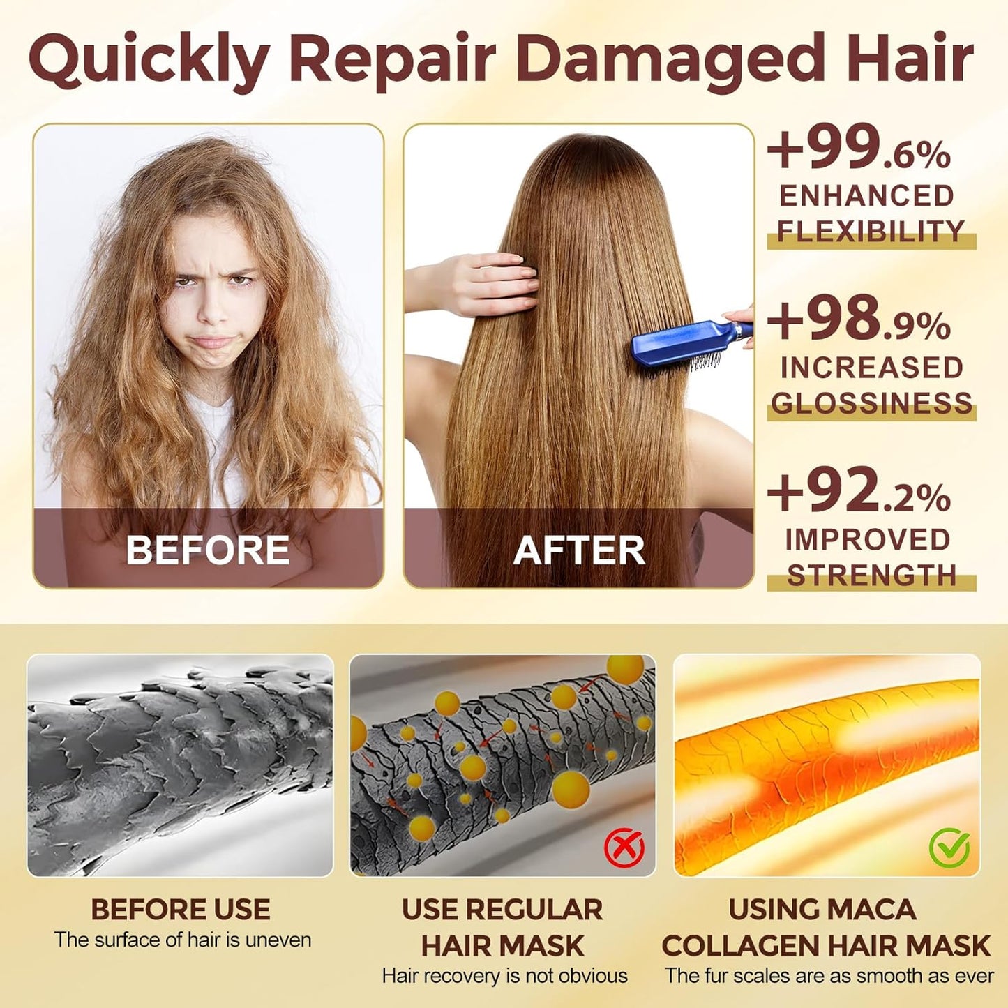 Before and after of using collagen hair mask for dry and damaged hair showing improved strength and glossiness