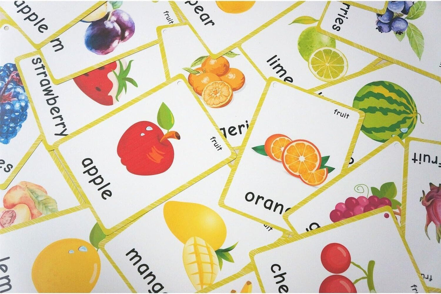 Colorful English fruit flash cards featuring various fruits with illustrations and labels for learning.