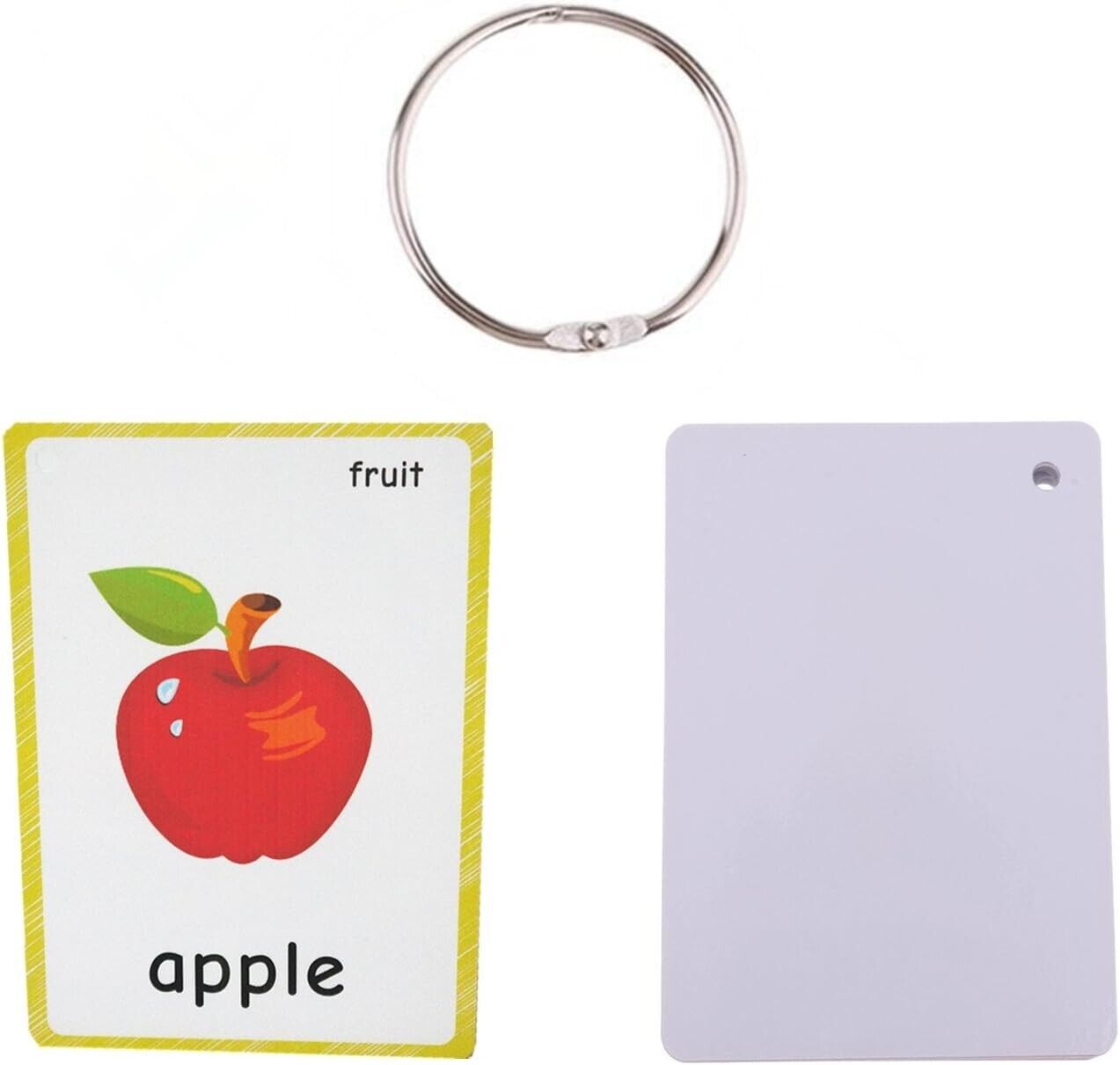 Set of English fruit flash cards with apple illustration and ring for easy organization
