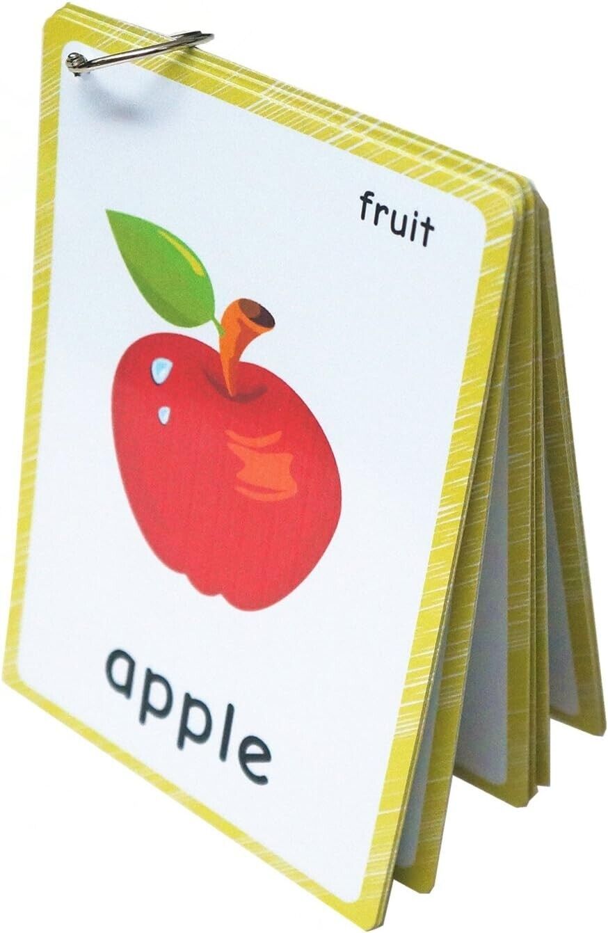 English fruit flash cards featuring an apple illustration for educational use