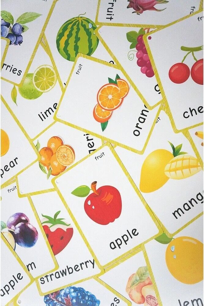 Colorful English fruit flash cards featuring various fruits with illustrations and names for educational use