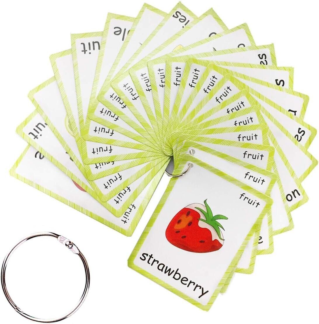English fruit flash cards featuring colorful illustrations of various fruits for educational purposes