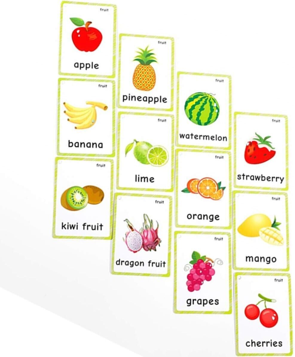 Colorful English fruit flash cards featuring various fruits like apple, banana, and watermelon