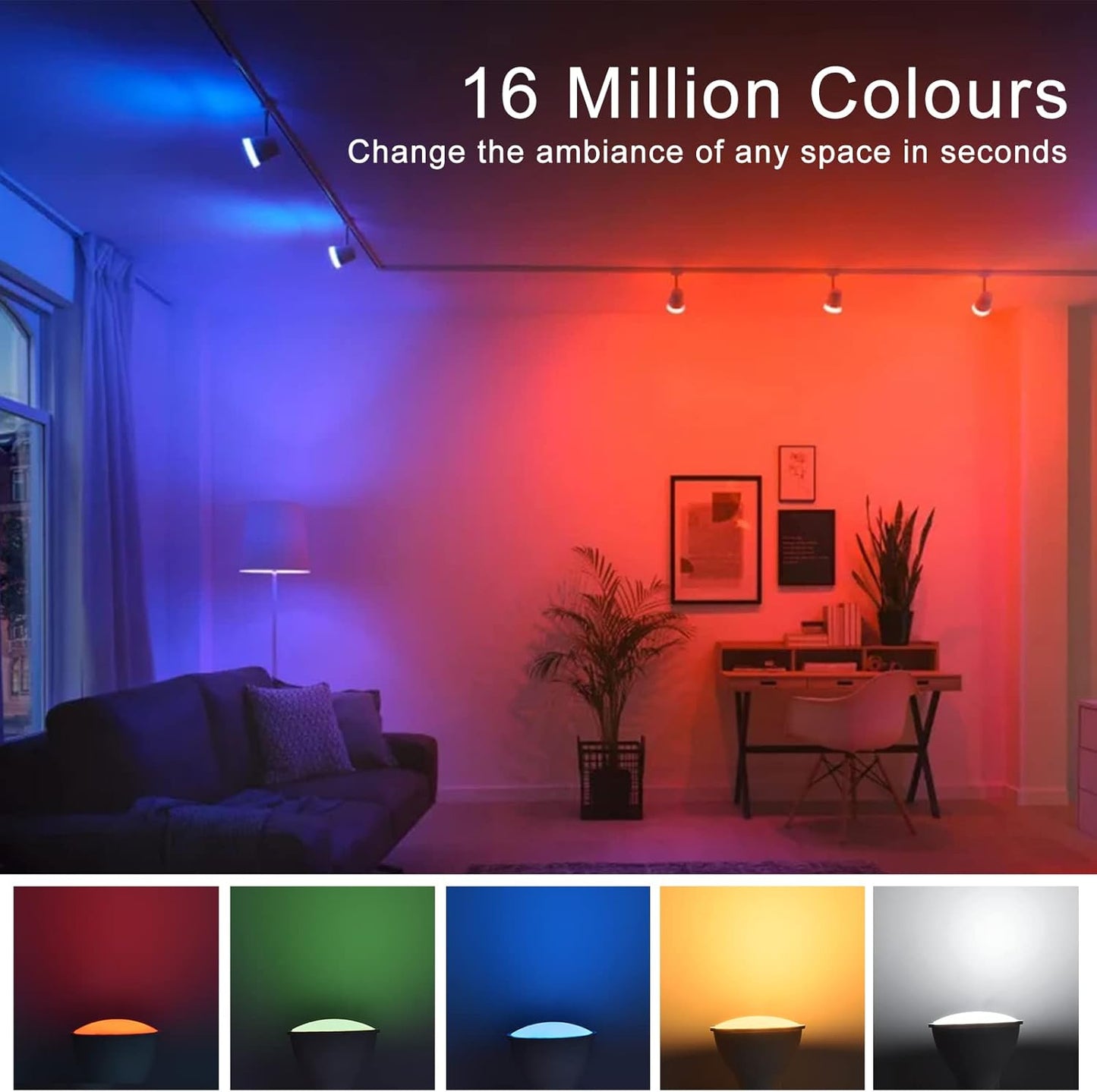 Enshine GU10 smart bulb compatible with Alexa showcasing 16 million colours in a modern home setting