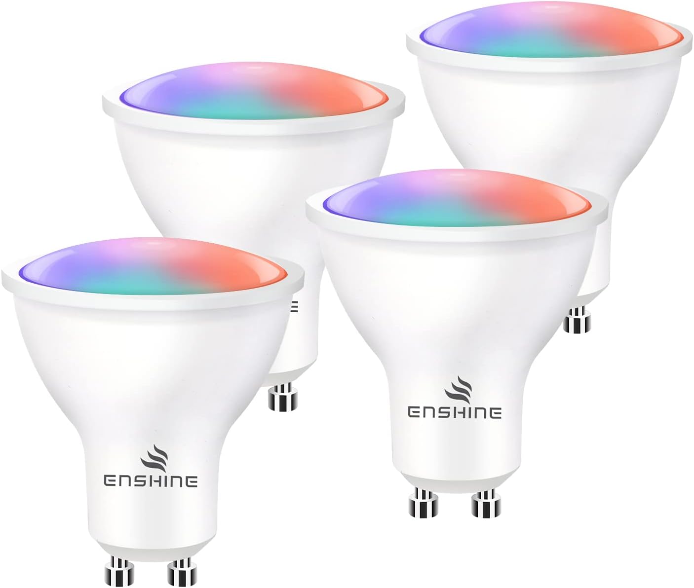 Four Enshine GU10 smart bulbs compatible with Alexa, featuring vibrant colour-changing capabilities