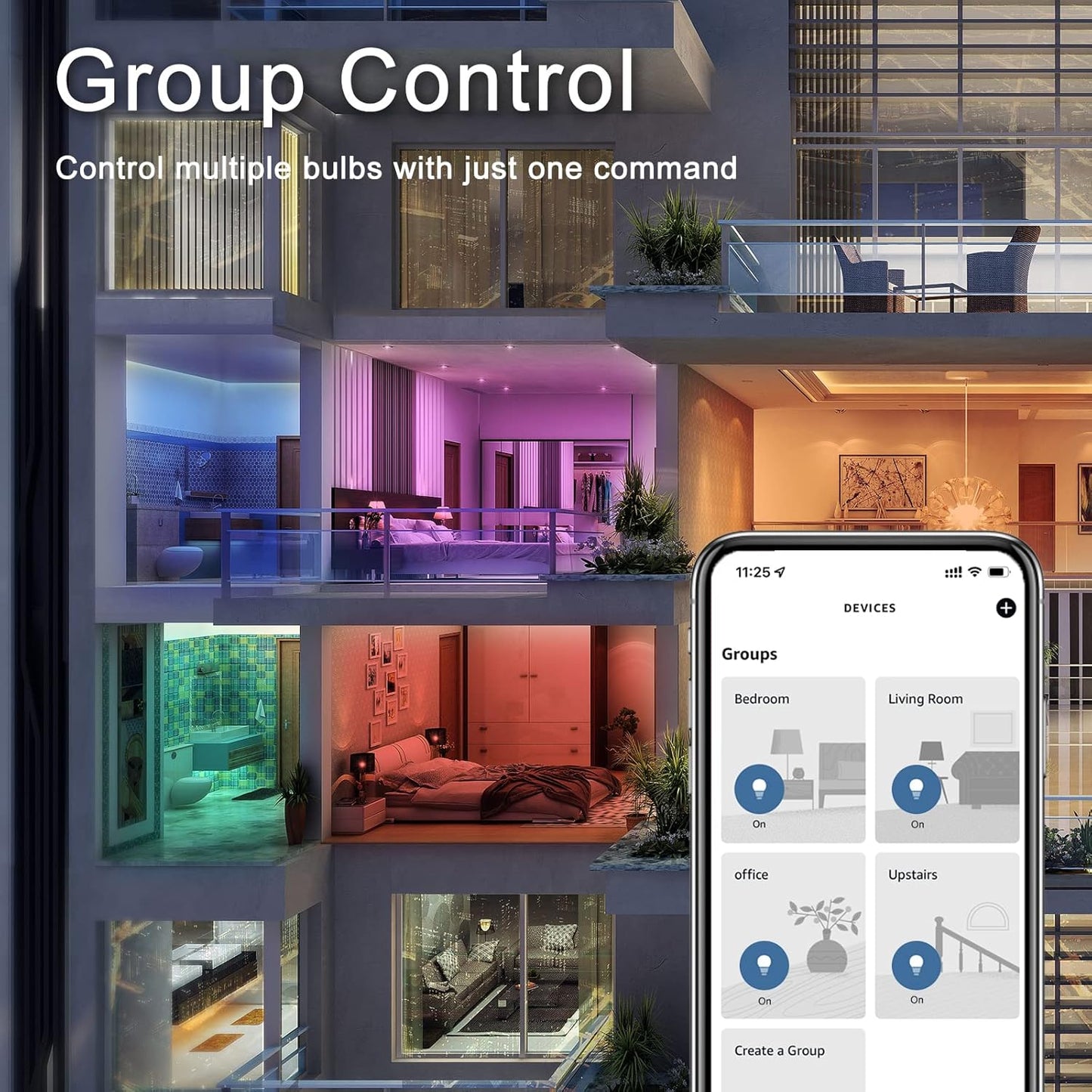 Enshine GU10 smart bulb compatible with Alexa displayed in various rooms, showcasing group control feature