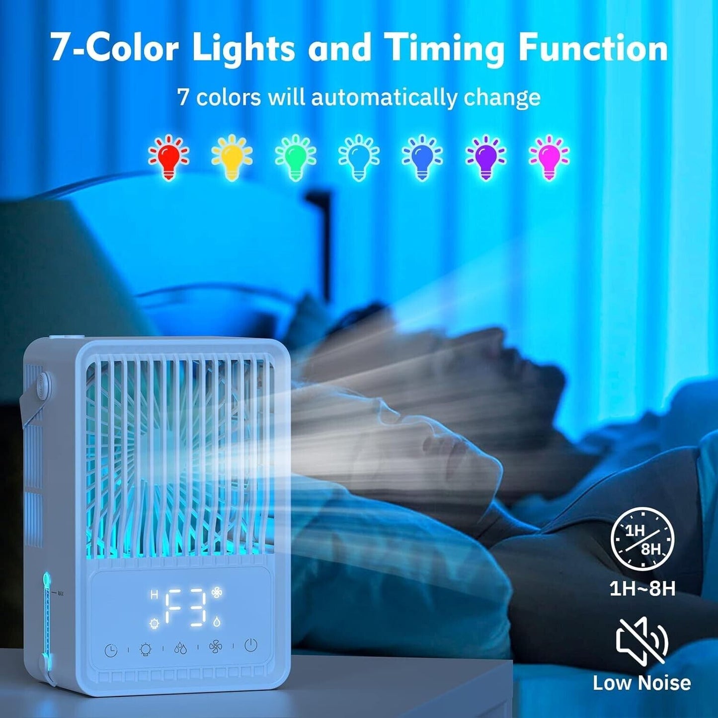 Evaporative cooling desktop fan with 7-colour lights and timer function for low-noise cooling