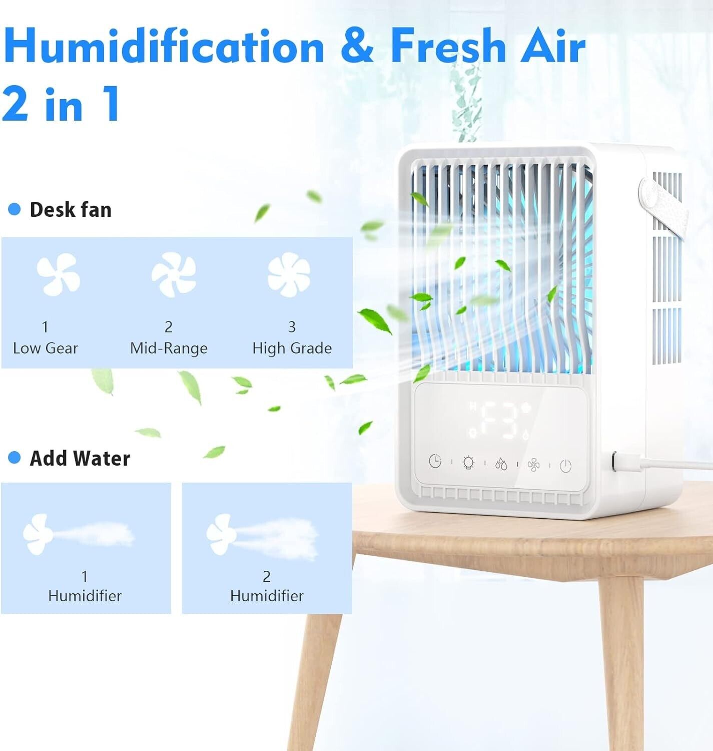 Evaporative cooling desktop fan with humidification feature and adjustable speed settings