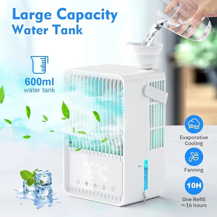 Evaporative cooling desktop fan with a large 600ml water tank for efficient cooling and fanning