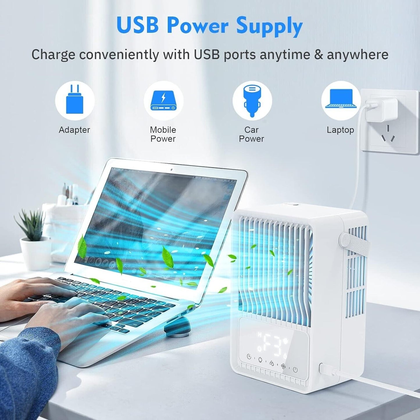 USB powered evaporative cooling desktop fan in use next to a laptop on a desk for convenient cooling