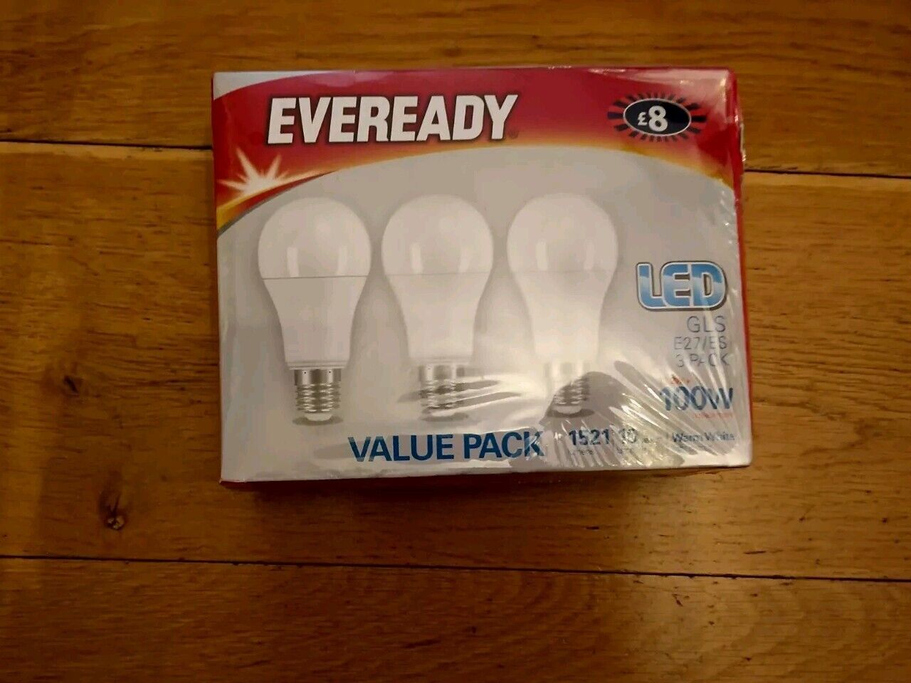 Eveready LED 100W screw bulb value pack with three energy-efficient bulbs in packaging
