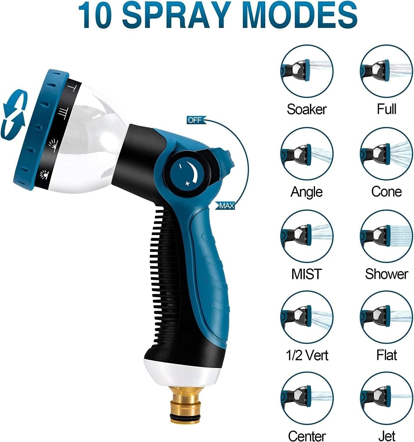 Durable spray gun with 10 spray modes for use with expandable garden hose with brass fittings