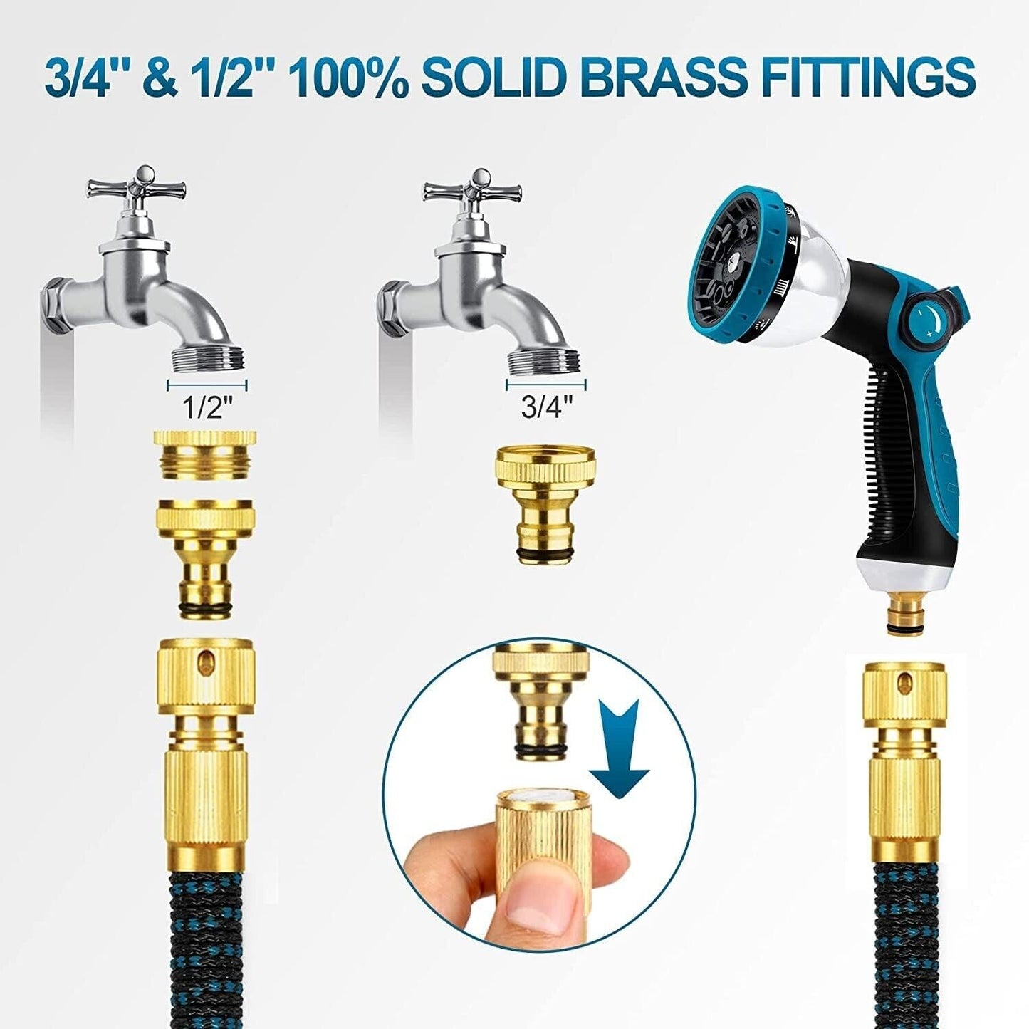 Expandable garden hose with brass fittings demonstrating different connection sizes and a spray nozzle
