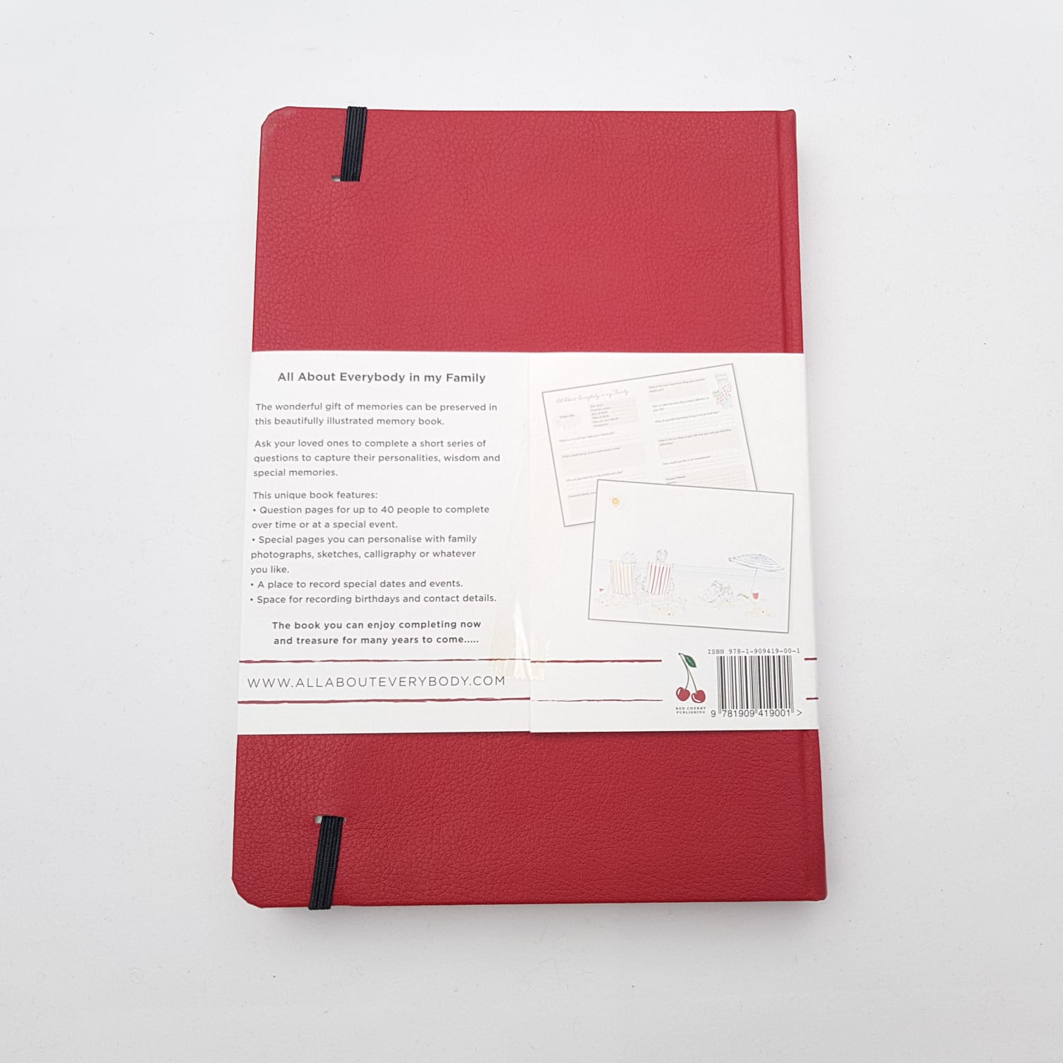 All About Everybody family memory book with red cover and informative back design for preserving family history