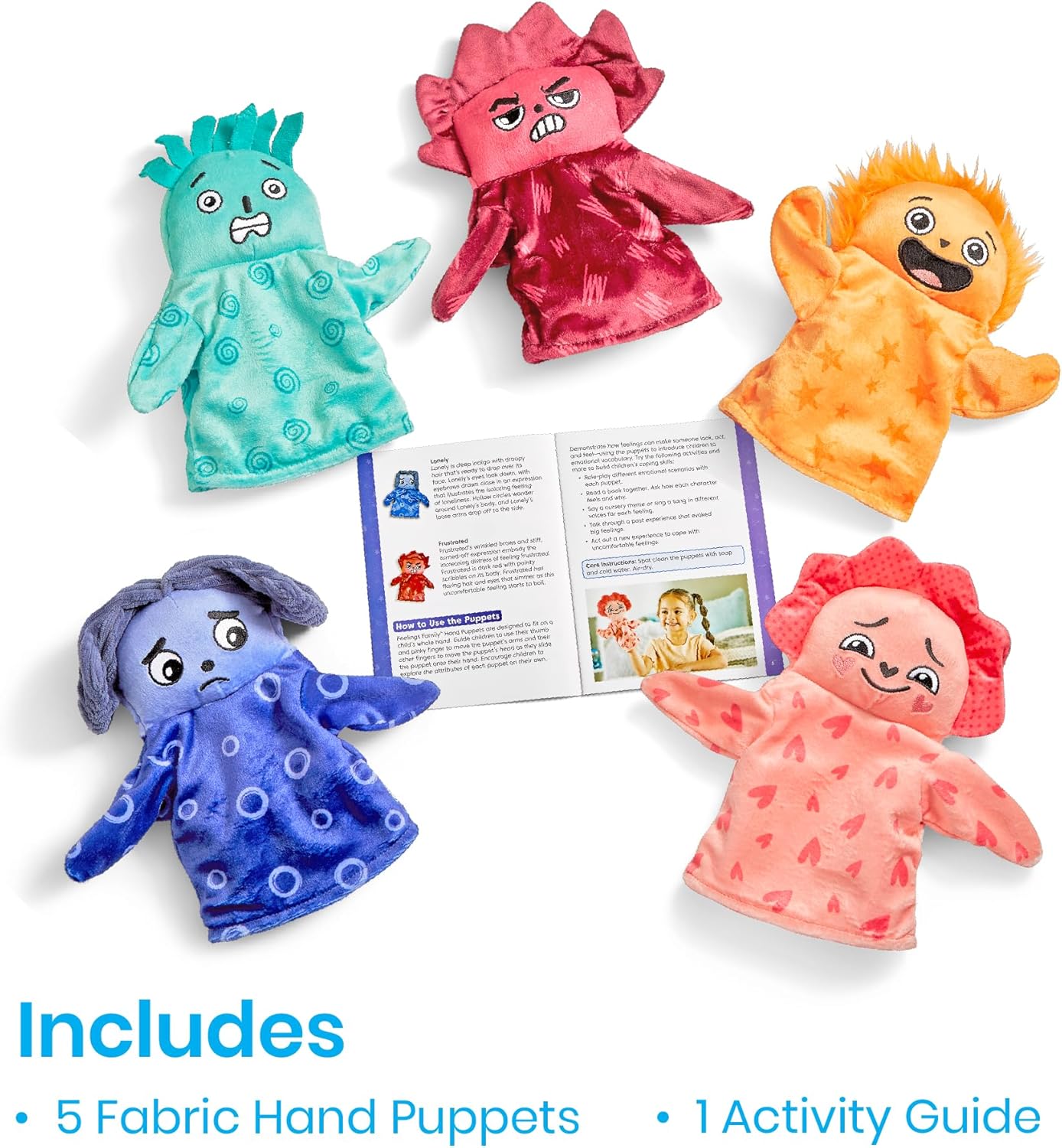 Five colourful feelings hand puppets for toddlers with an included activity guide for learning fun