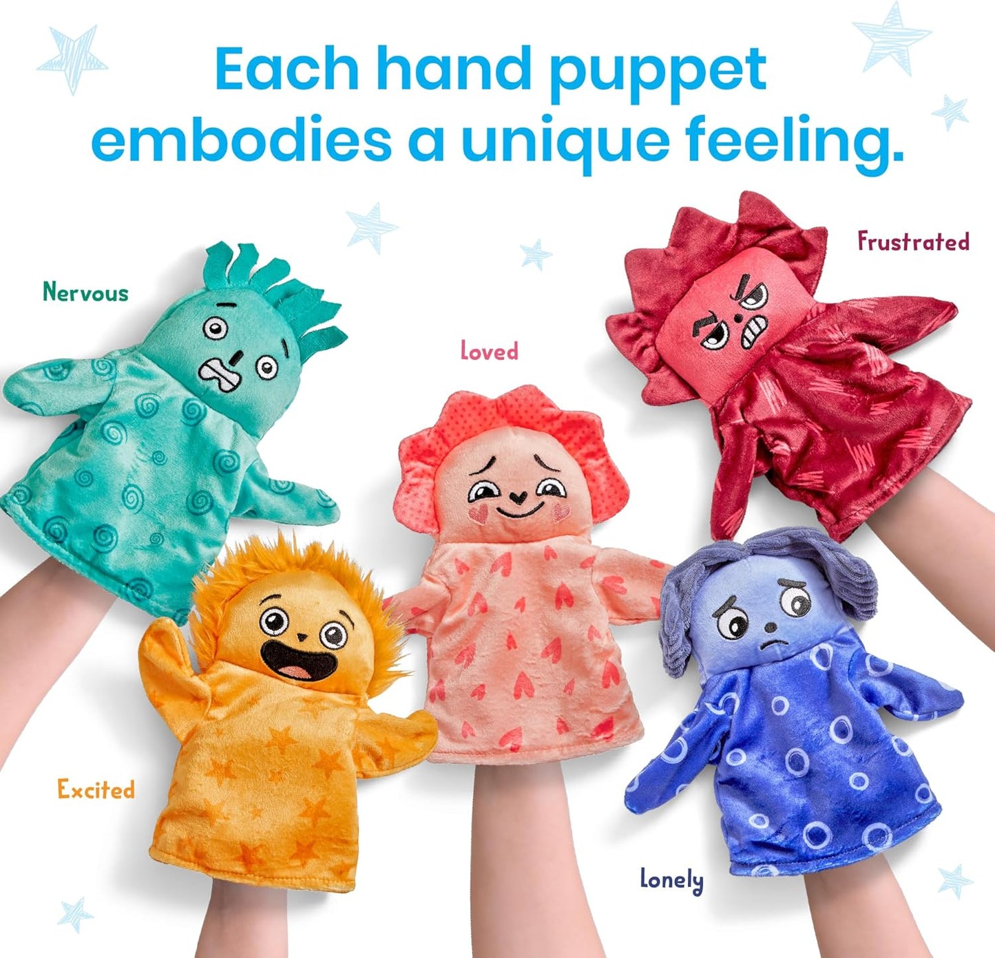Colourful Learning Resources feelings hand puppets for toddlers, each depicting a unique emotion