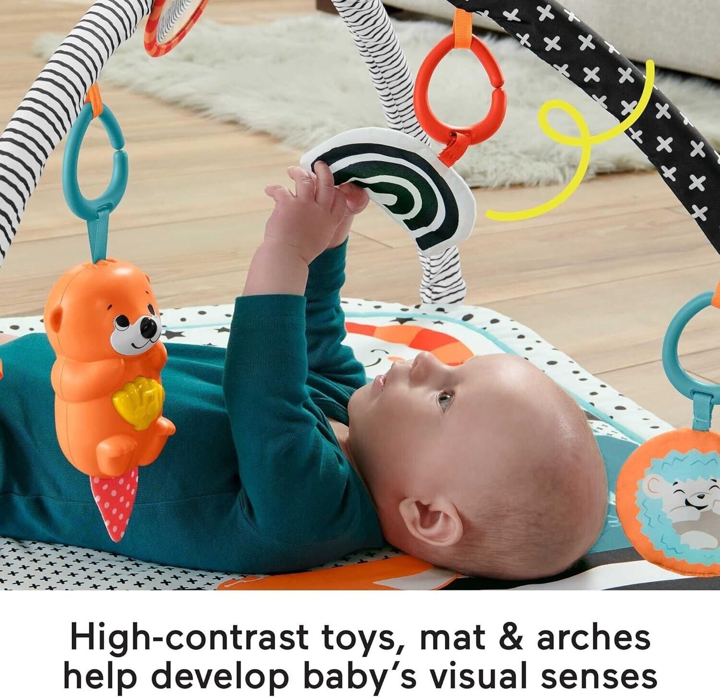 Fisher Price 3 in 1 gym newborn playset with high-contrast toys and soft mat for sensory development