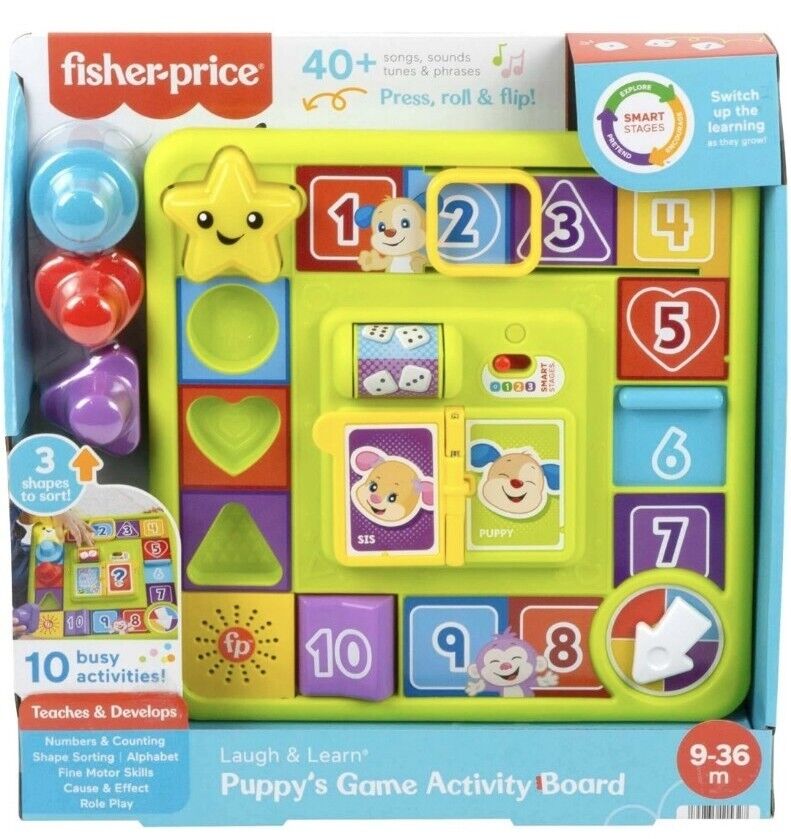 Fisher-Price interactive activity board featuring numbers, shapes, and sounds for babies aged 9-36 months
