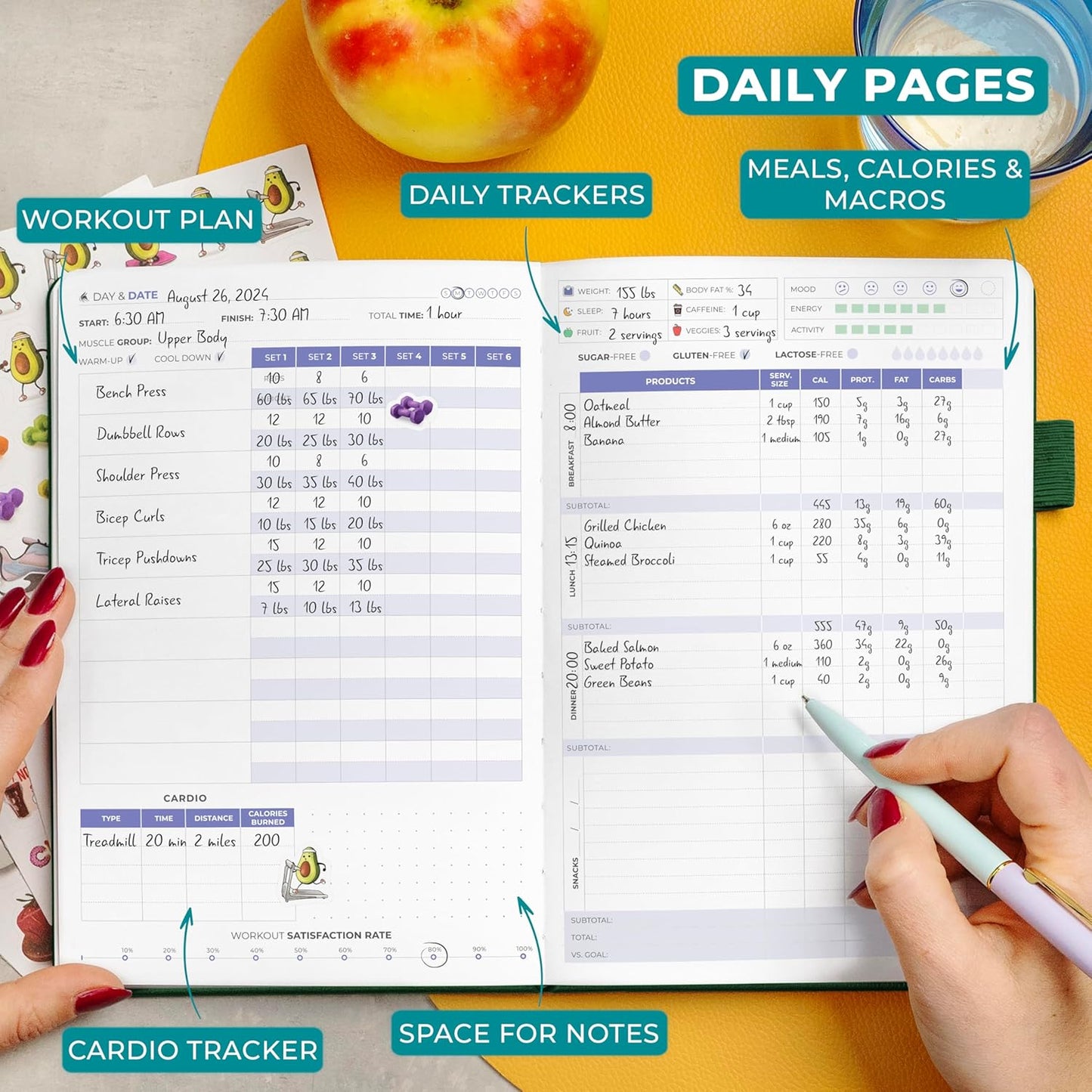 Clever Fox fitness and food journal showcasing daily pages for tracking workouts, meals, and macros