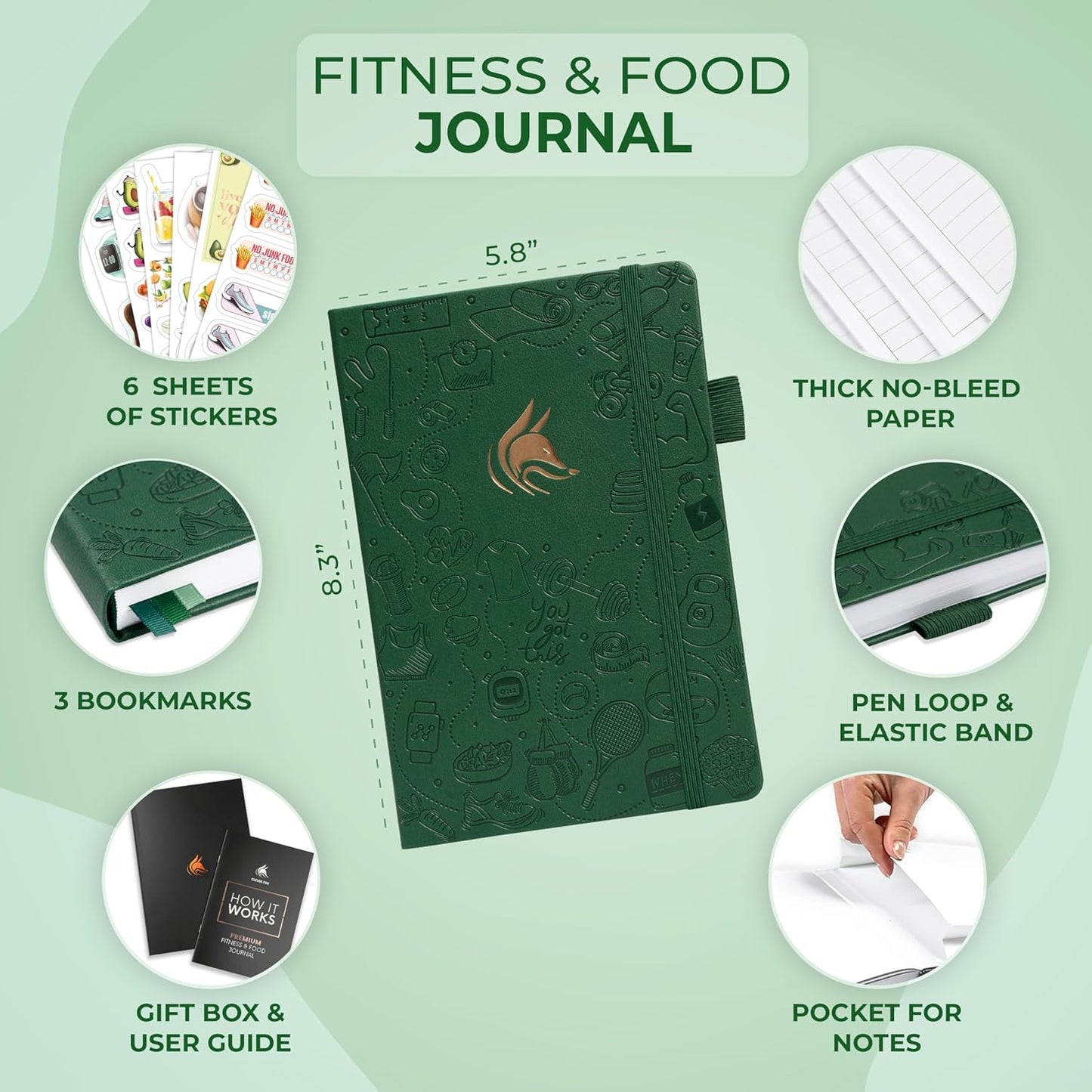 Clever Fox Fitness & Food Journal with thick paper, bookmarks, and stickers for tracking meals and workouts