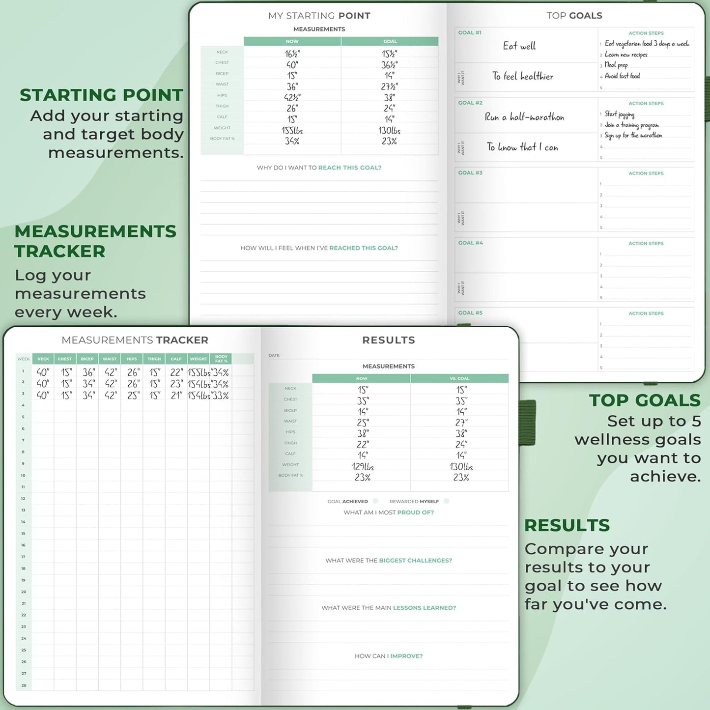Clever Fox fitness and food journal featuring measurement tracking and goal setting pages