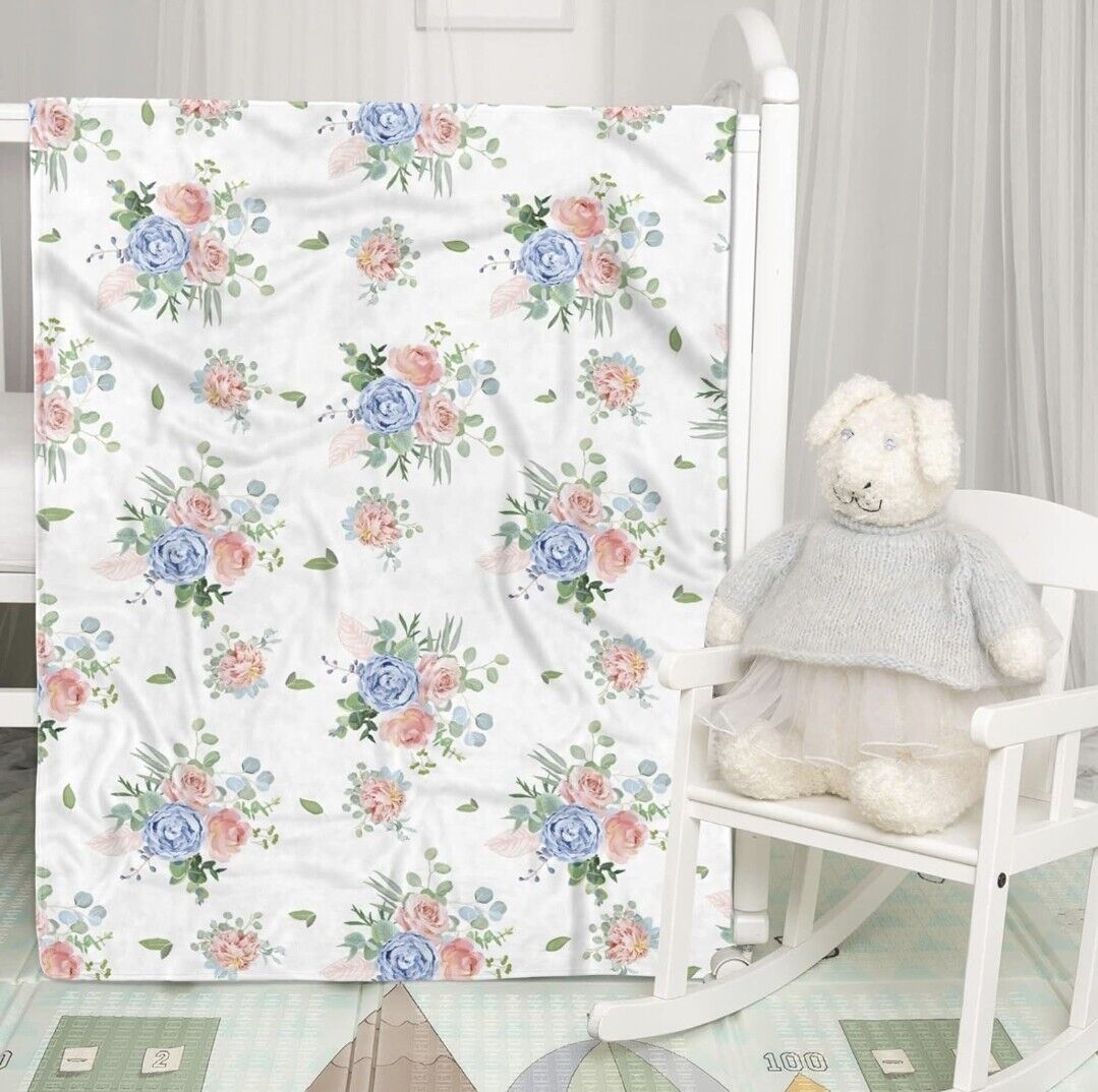 Floral Baby Blanket with Blue and Pink Roses on a White Background for Nursery Decor