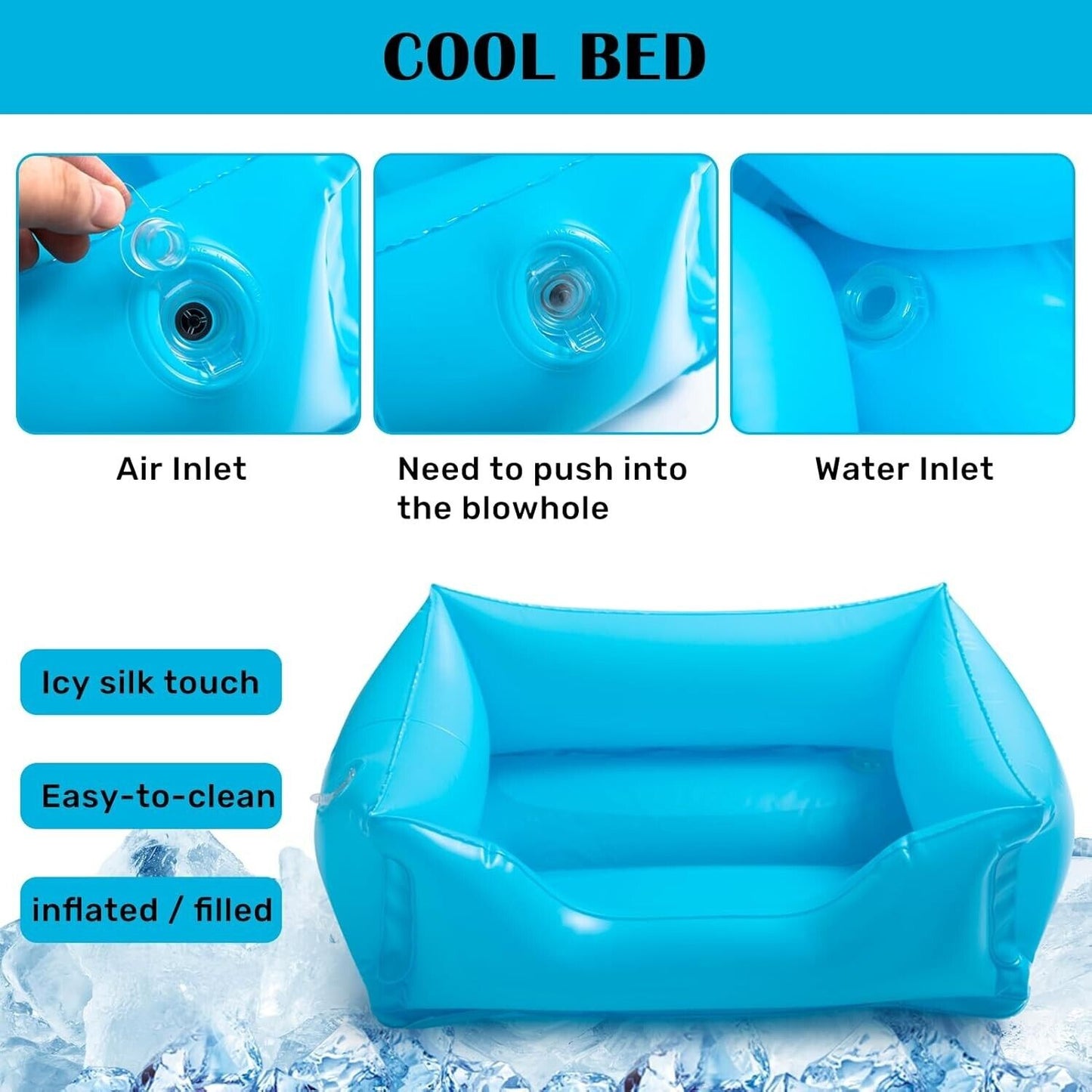 Foldable cat paddling pool in bright blue with air and water inlets for easy use