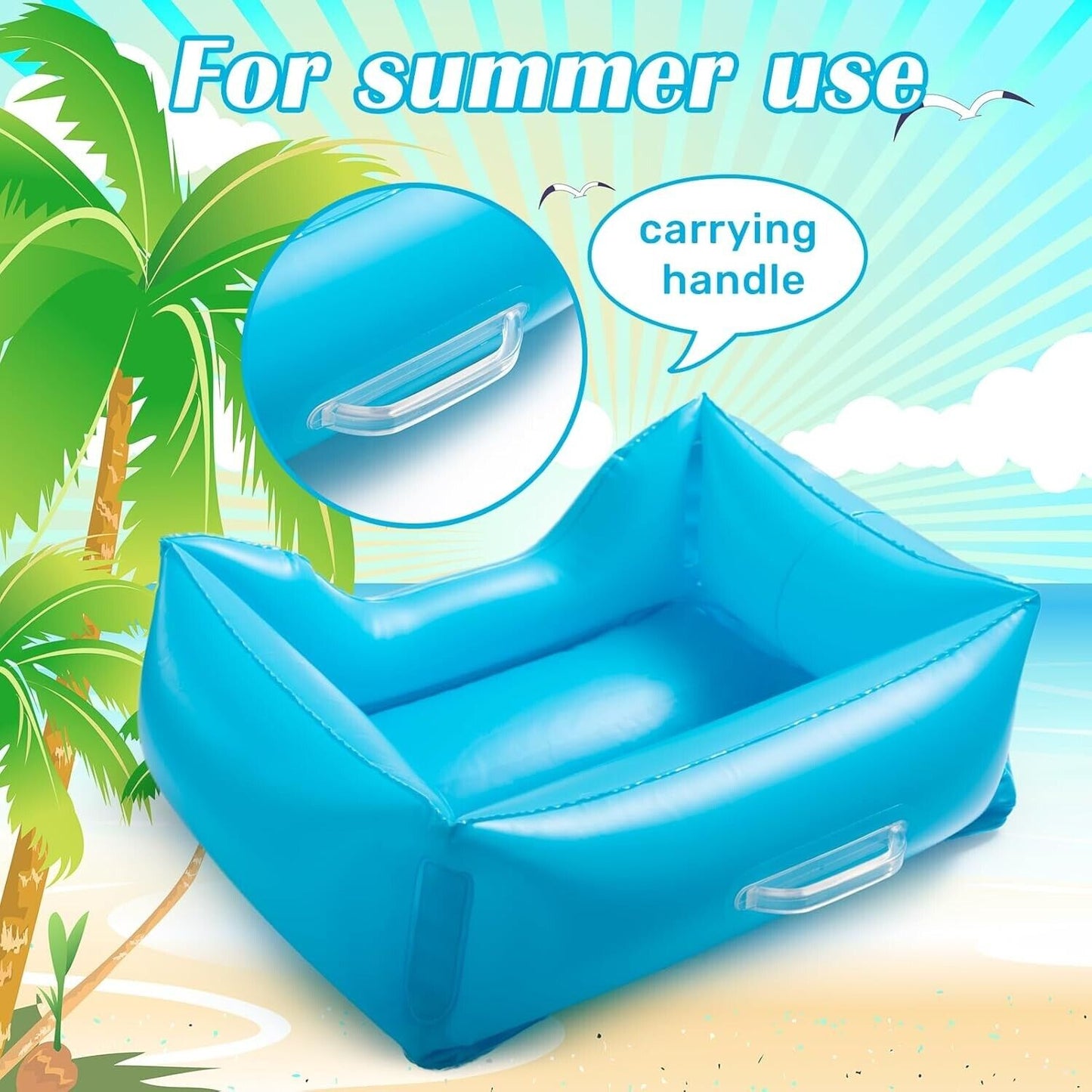 Bright blue foldable cat paddling pool with a carrying handle for summer use