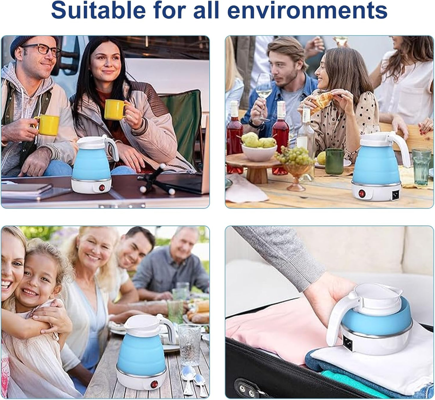 MKAEYYO foldable electric kettle in use at home, outdoors, and with family, showcasing versatility and convenience