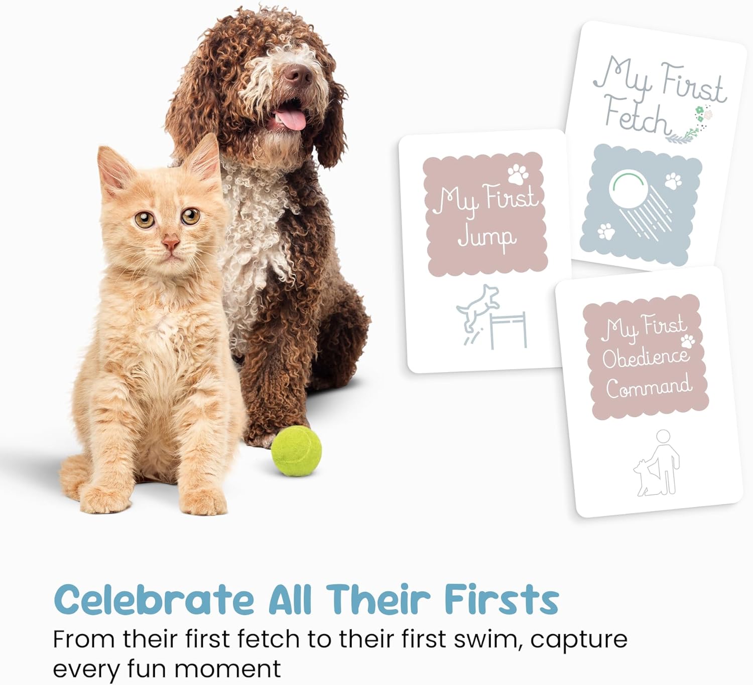 Forever Fun Times pet milestone books featuring My First Fetch, My First Jump, and My First Obedience Command with a cat and dog